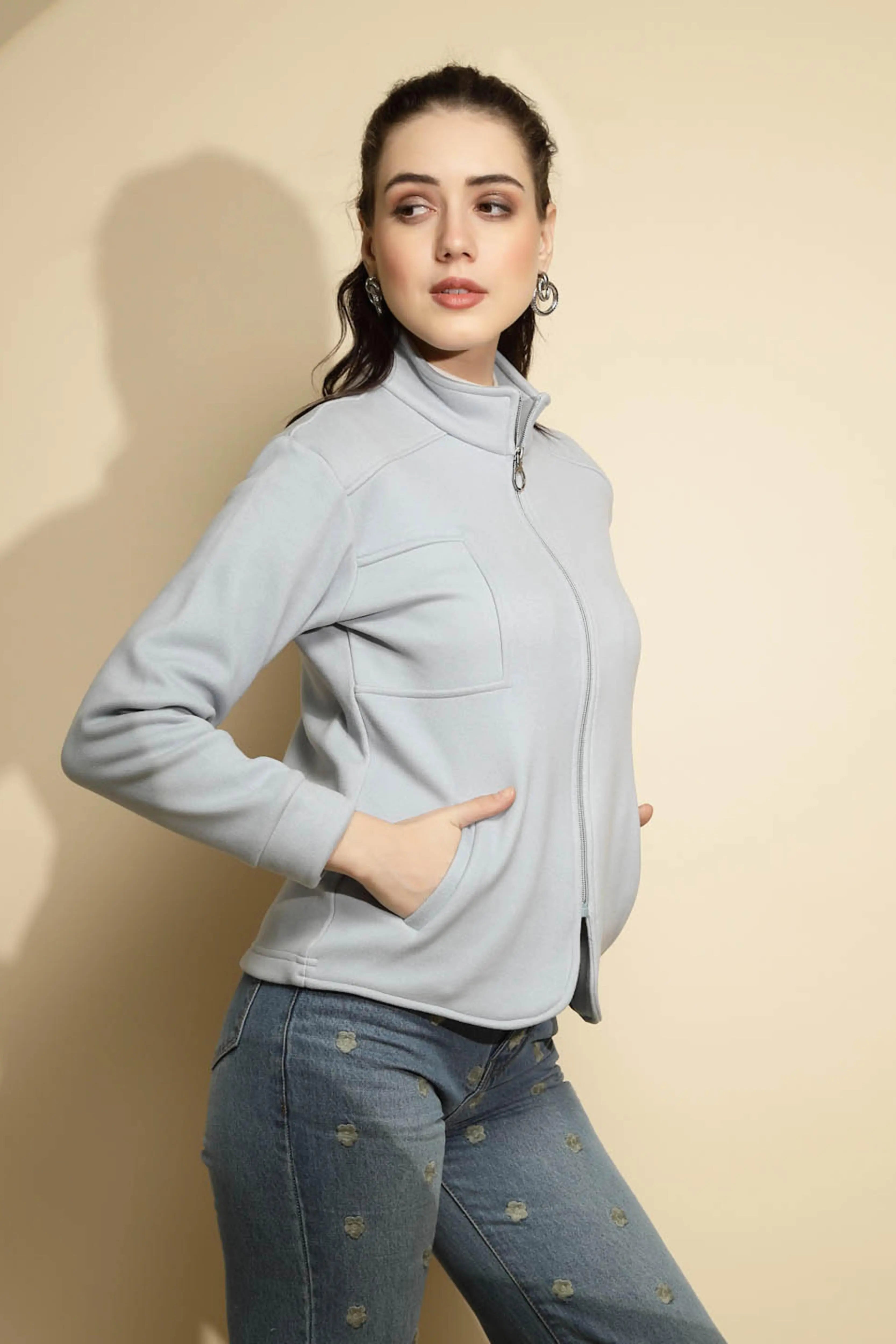 Light Blue Solid Full Sleeve Turtle Neck Fleece Sweatshirt - Global Republic