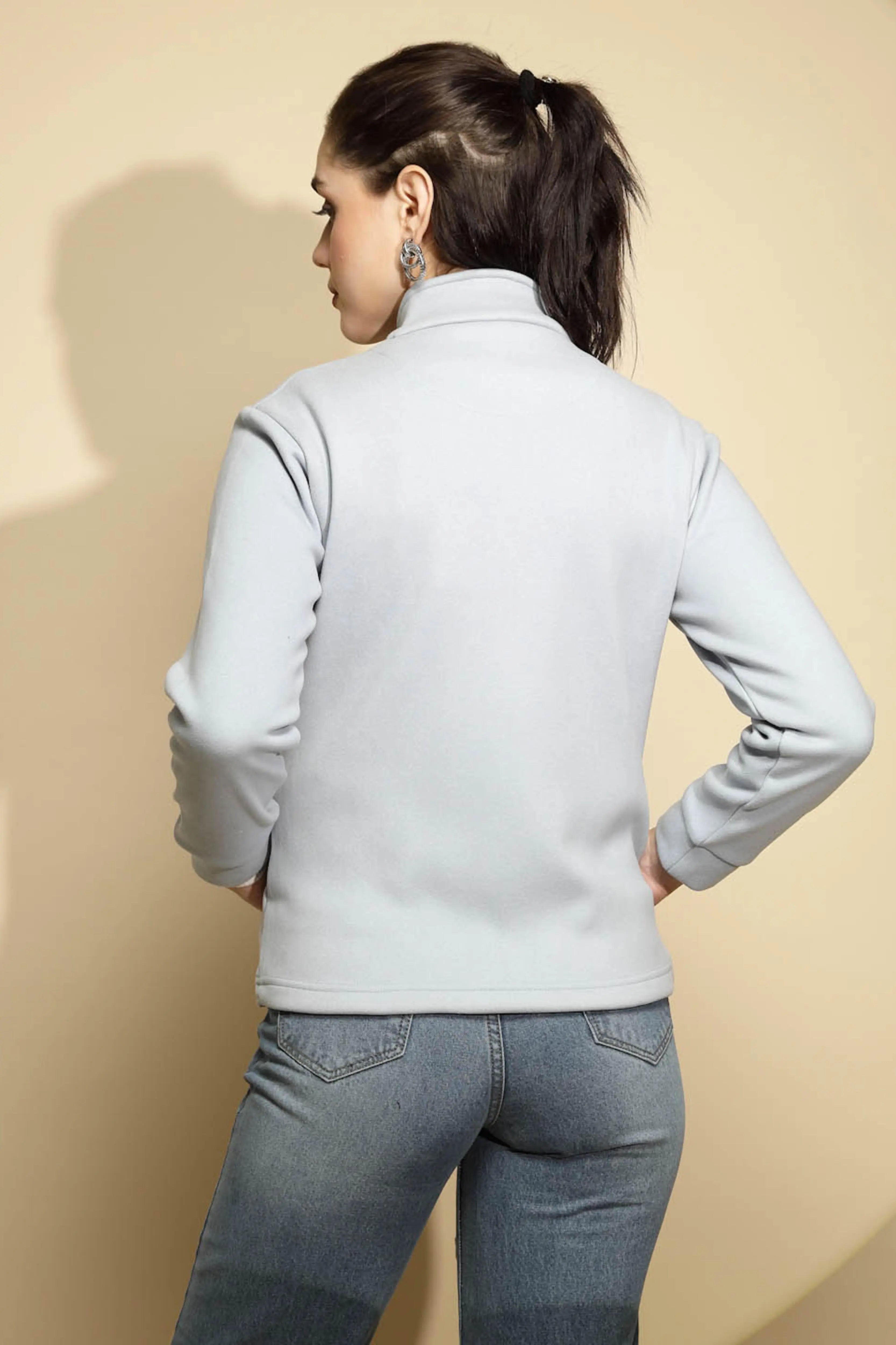 Light Blue Solid Full Sleeve Turtle Neck Fleece Sweatshirt - Global Republic