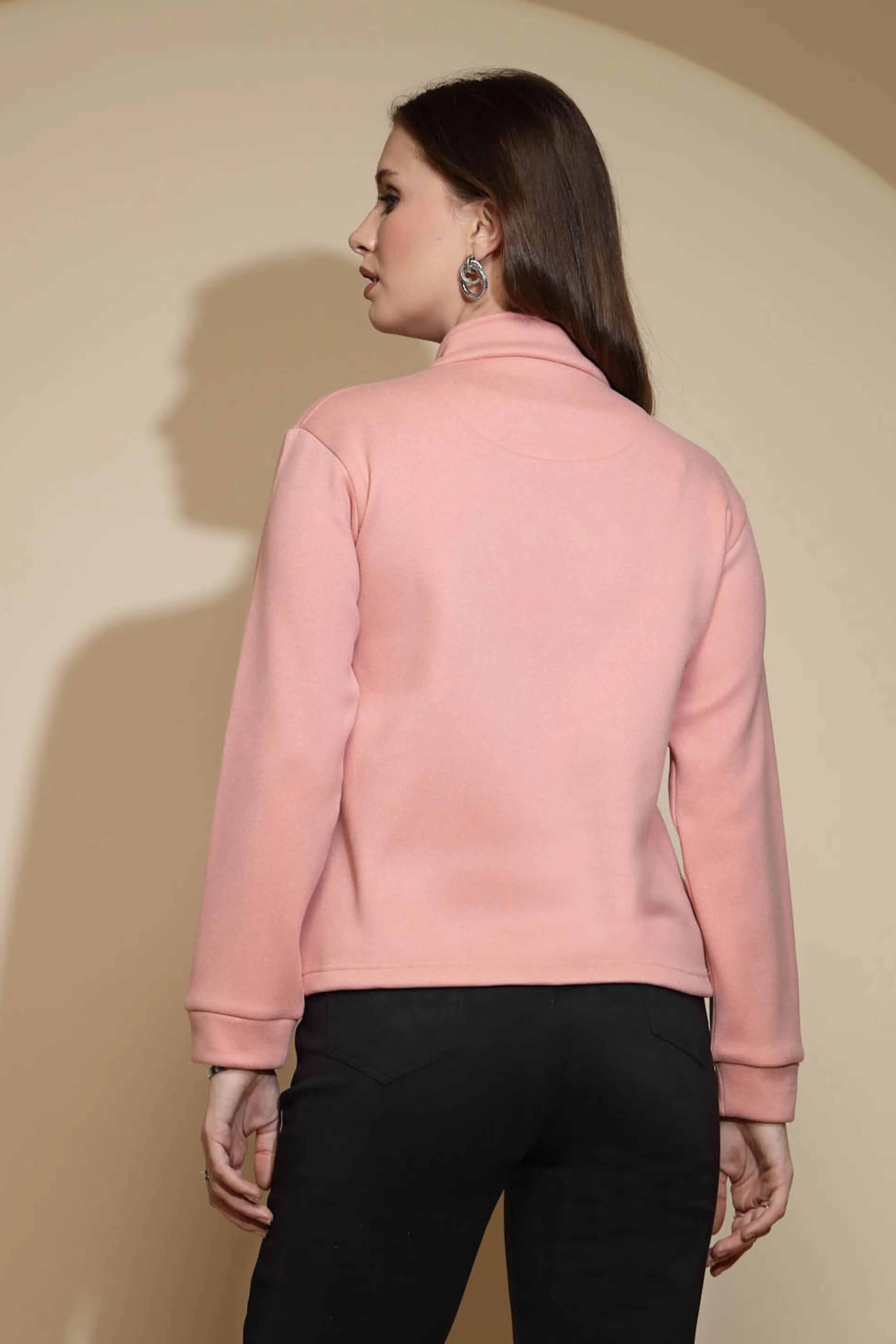 Peach Solid Full Sleeve Turtle Neck Fleece Sweatshirt - Global Republic