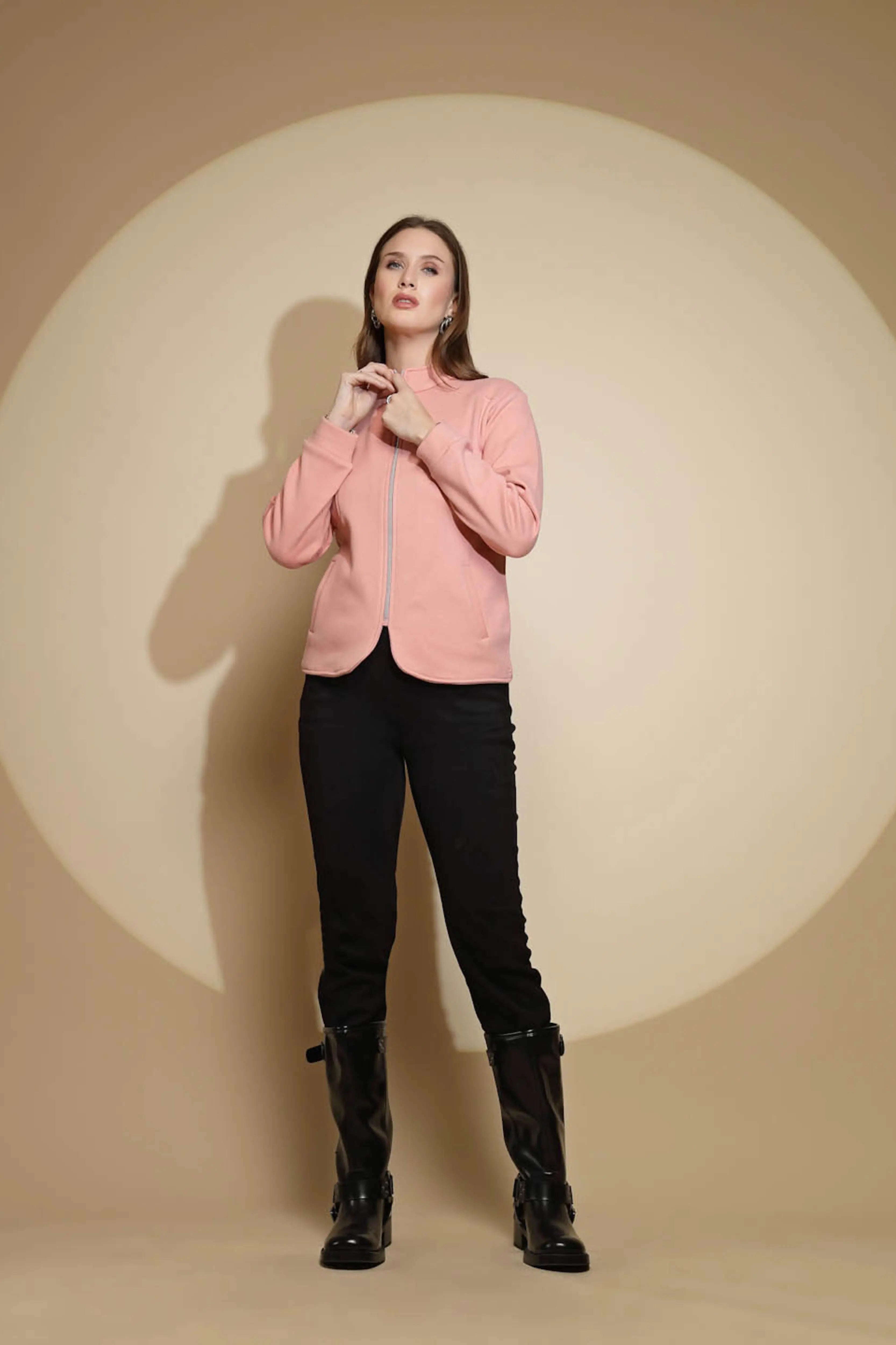 Peach Solid Full Sleeve Turtle Neck Fleece Sweatshirt - Global Republic