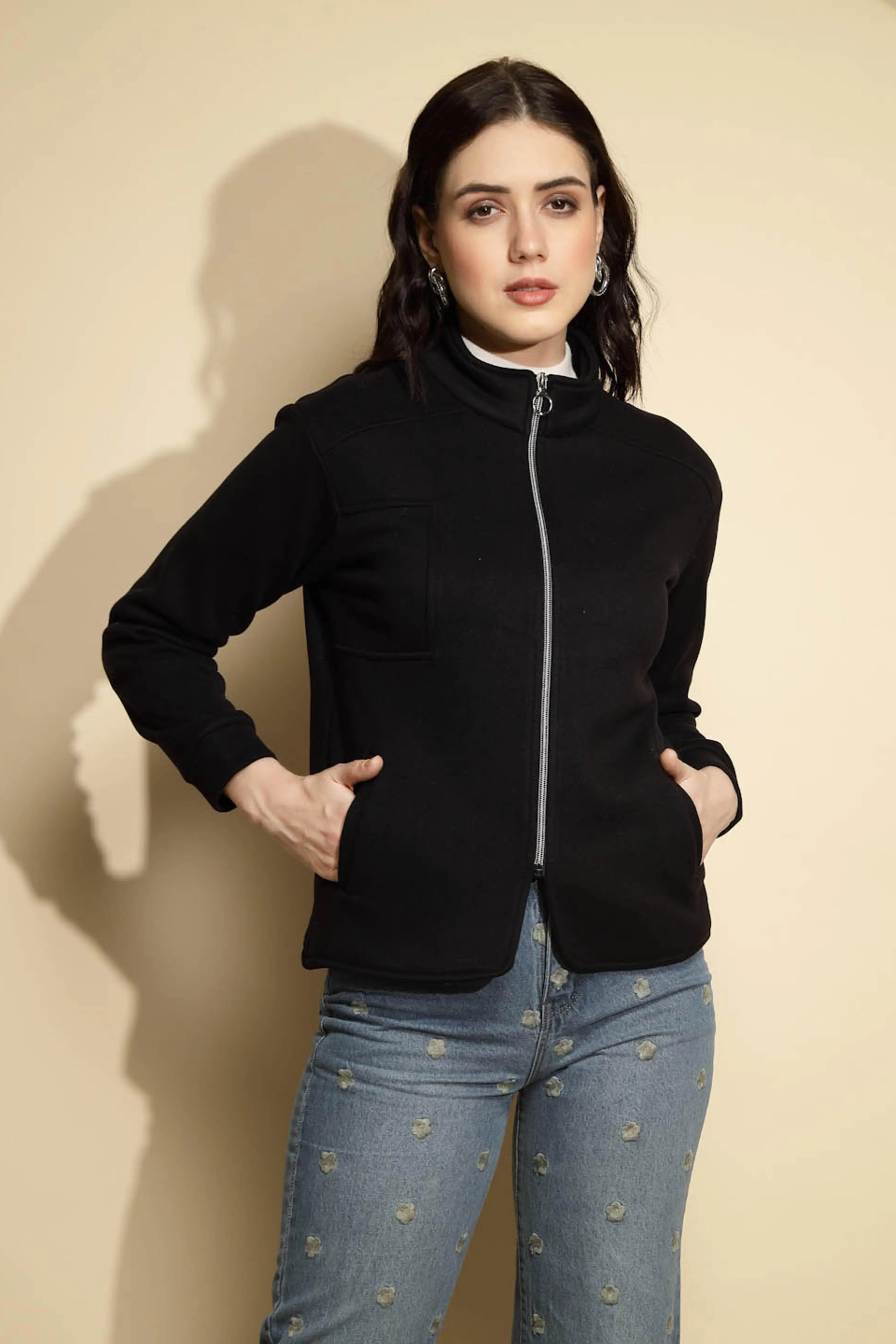 Black Solid Full Sleeve Turtle Neck Fleece Sweatshirt - Global Republic