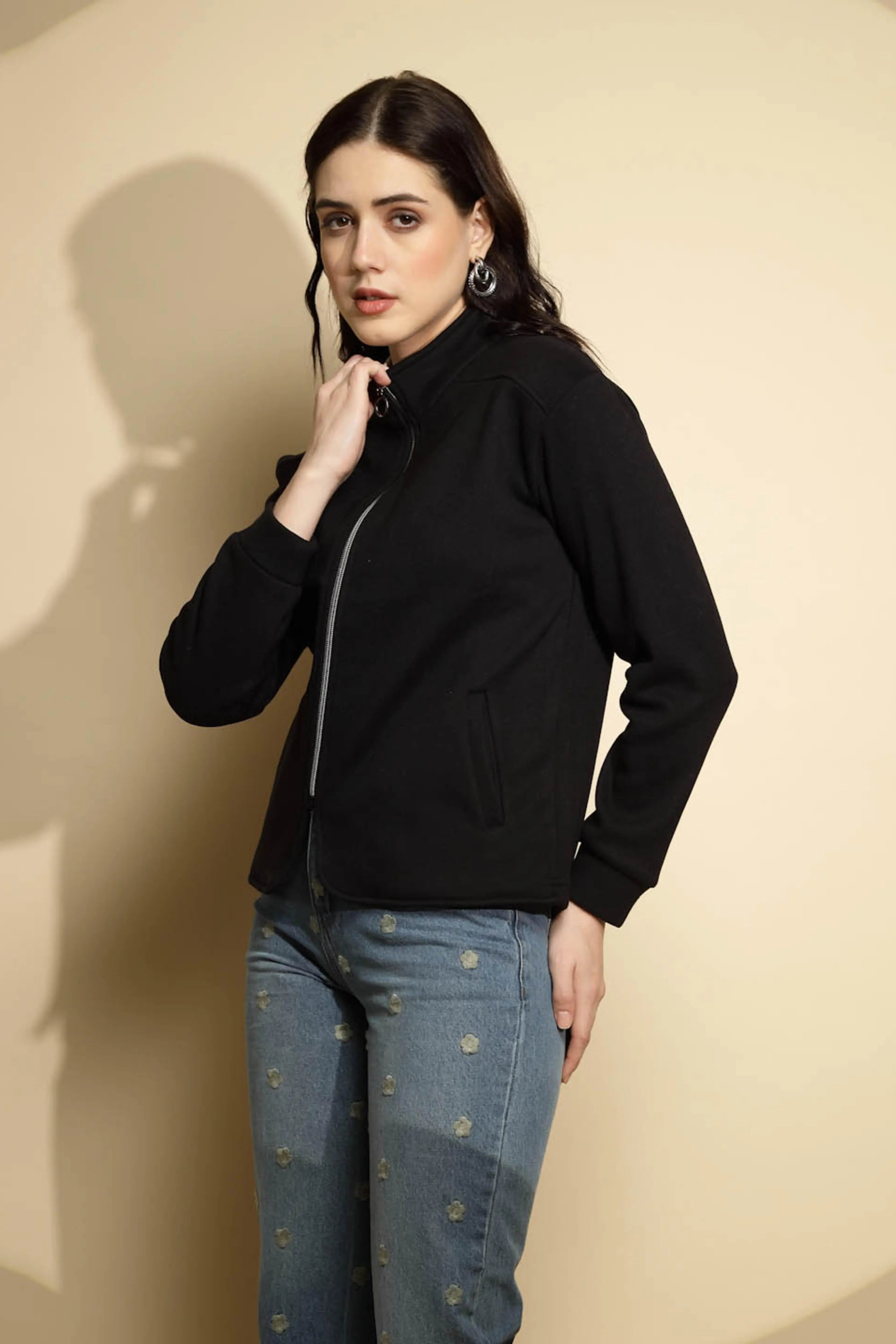 Black Solid Full Sleeve Turtle Neck Fleece Sweatshirt - Global Republic