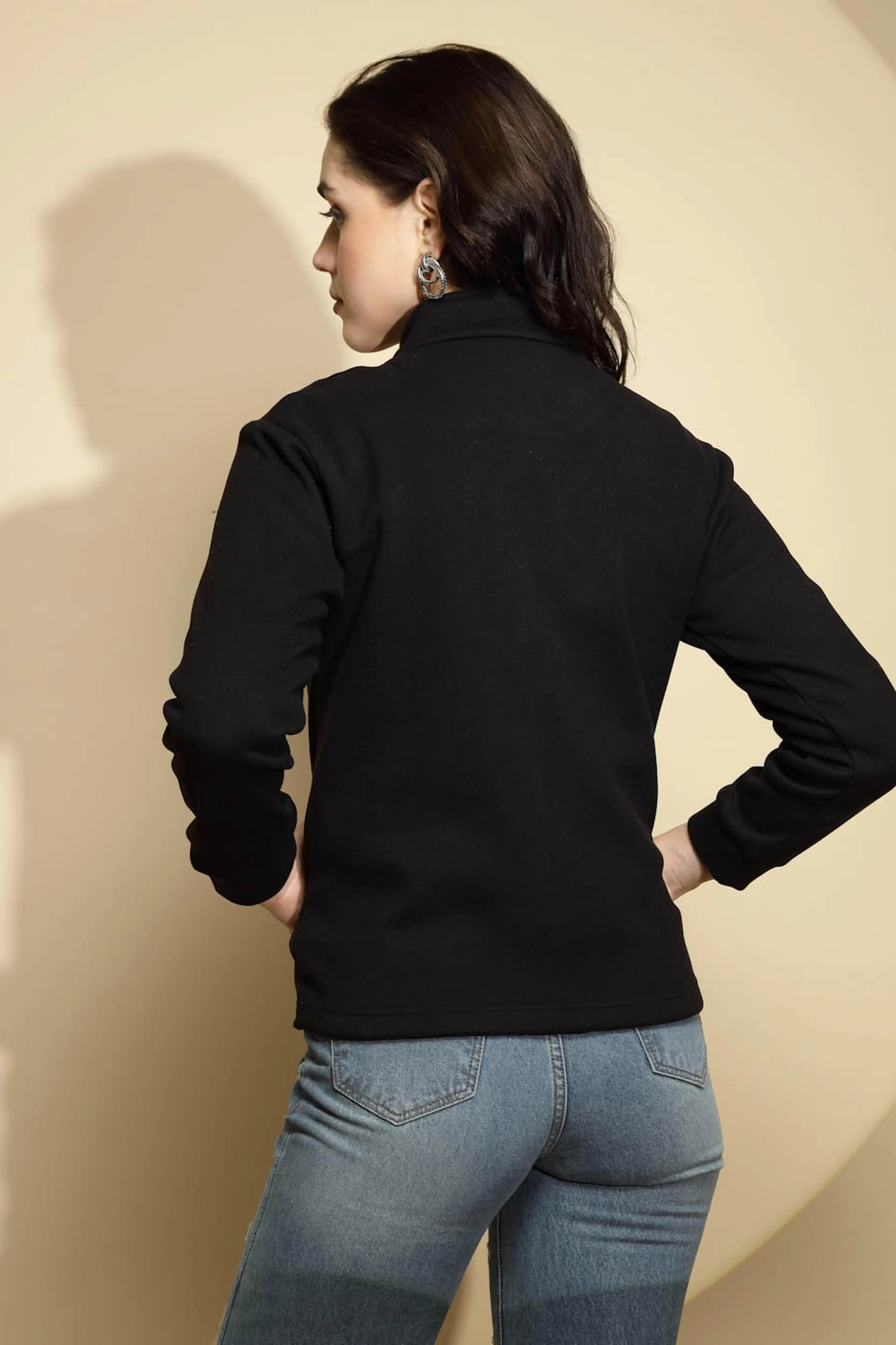 Black Solid Full Sleeve Turtle Neck Fleece Sweatshirt - Global Republic