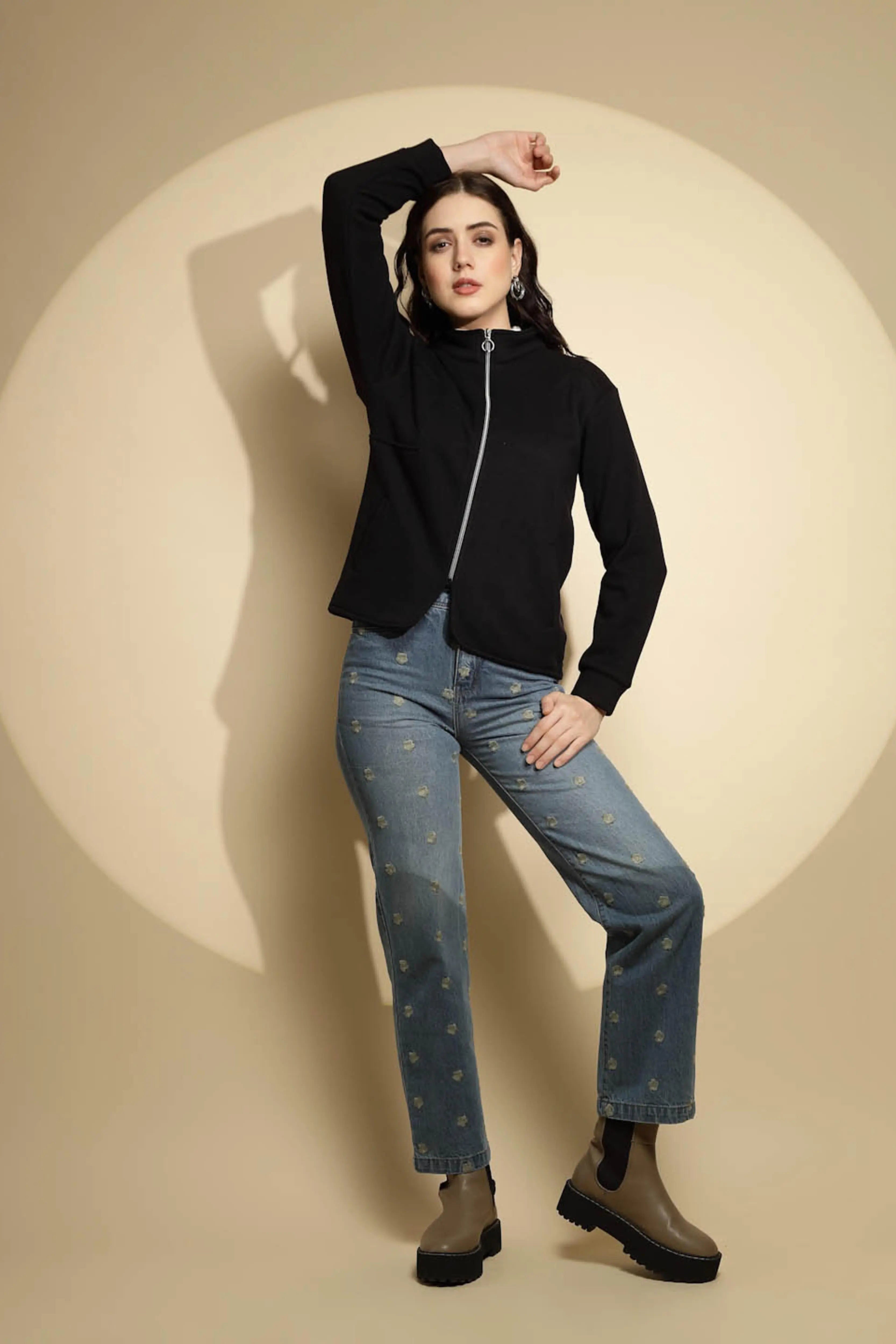 Black Solid Full Sleeve Turtle Neck Fleece Sweatshirt - Global Republic