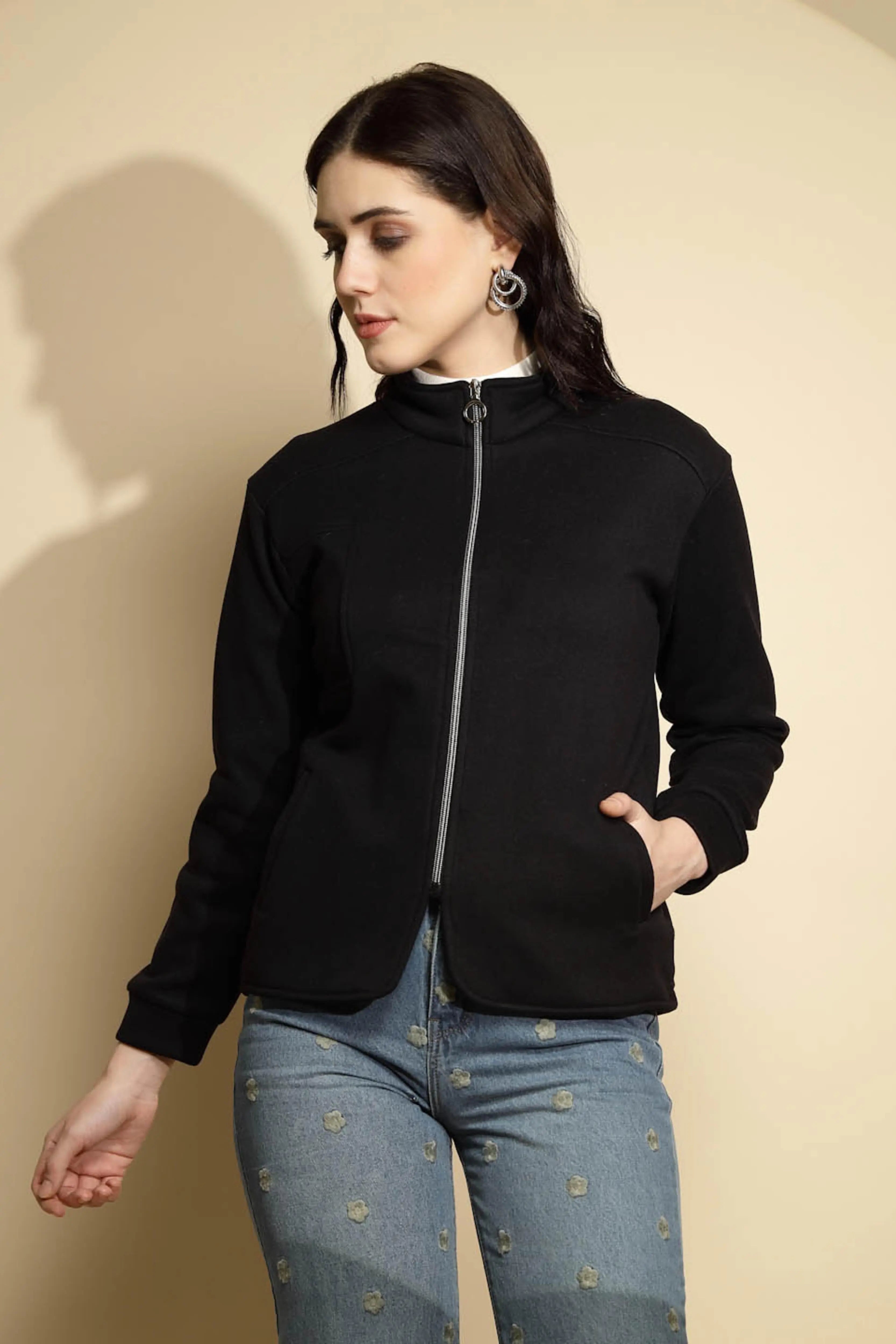 Black Solid Full Sleeve Turtle Neck Fleece Sweatshirt - Global Republic