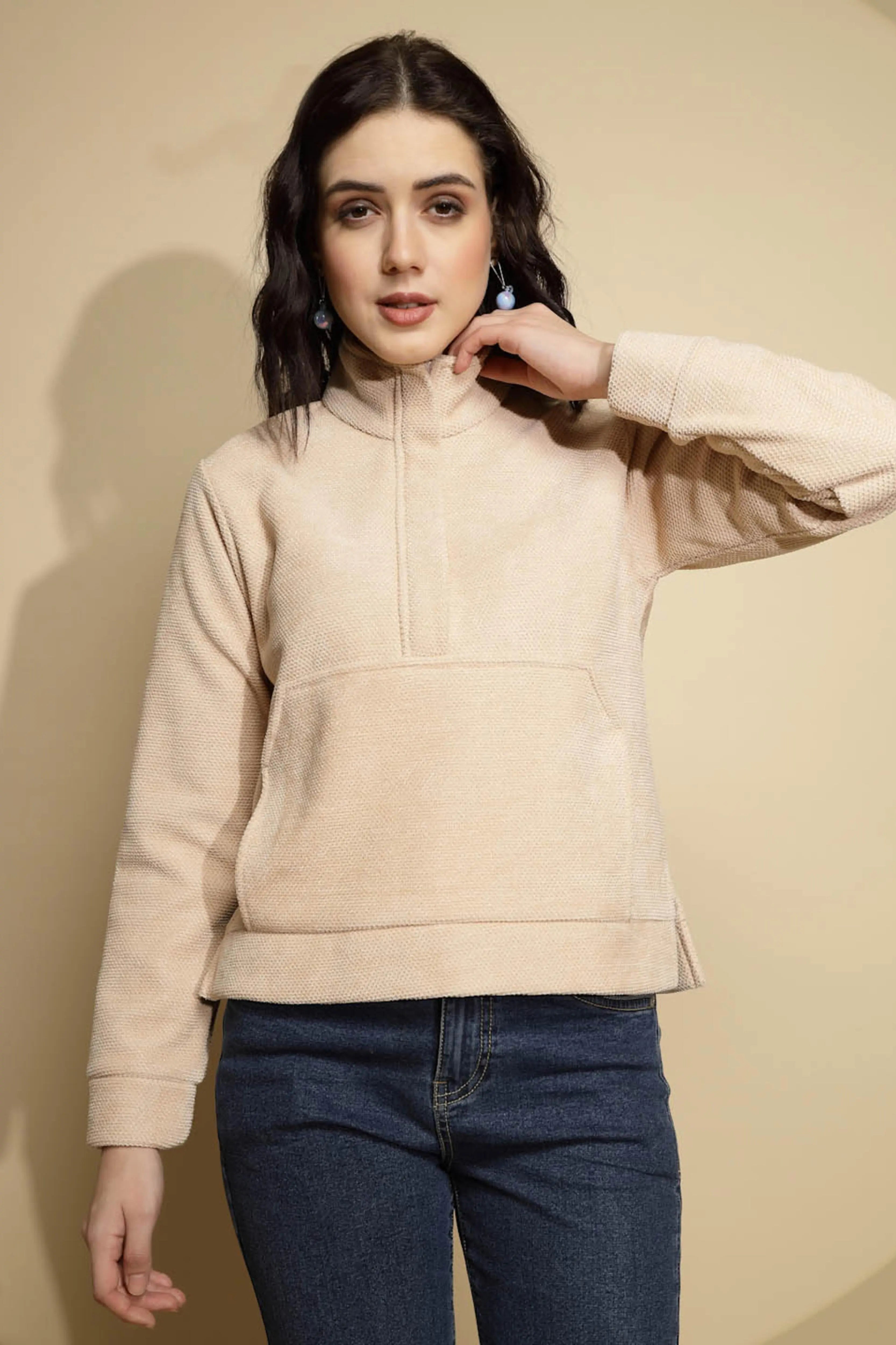 Beige Solid Fleece Sweatshirt - Global Republic