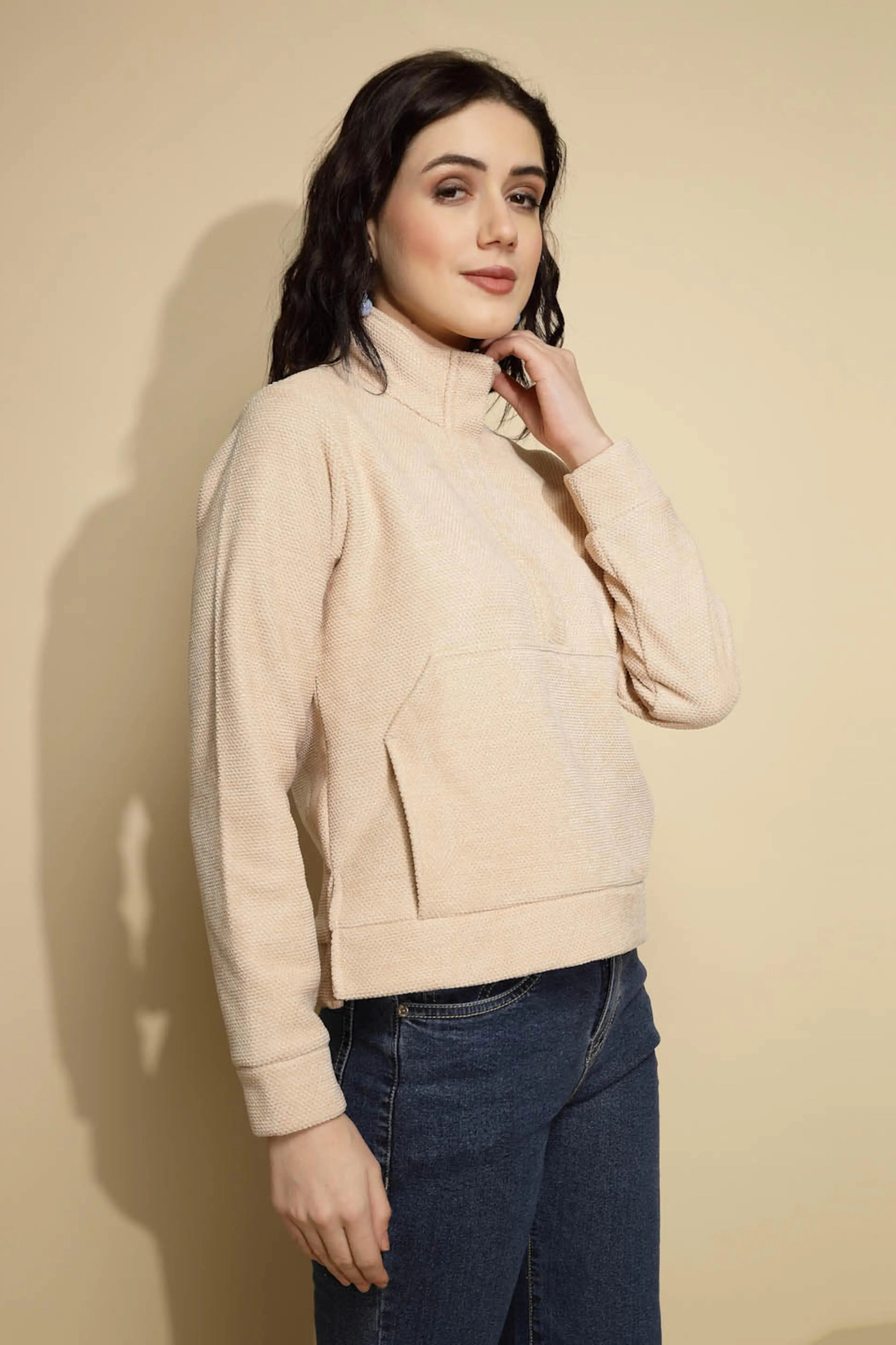 Beige Solid Fleece Sweatshirt - Global Republic