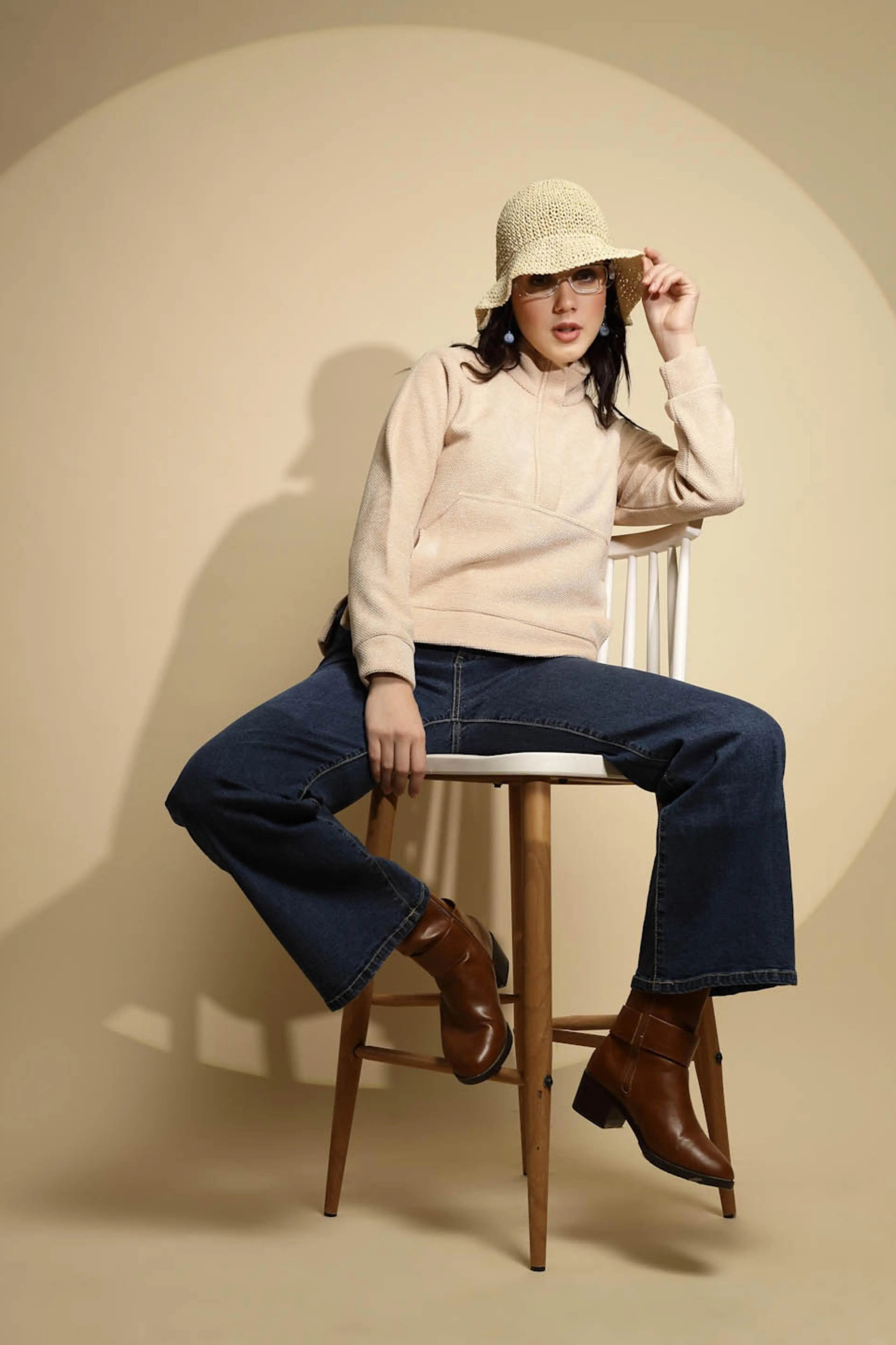 Beige Solid Fleece Sweatshirt - Global Republic