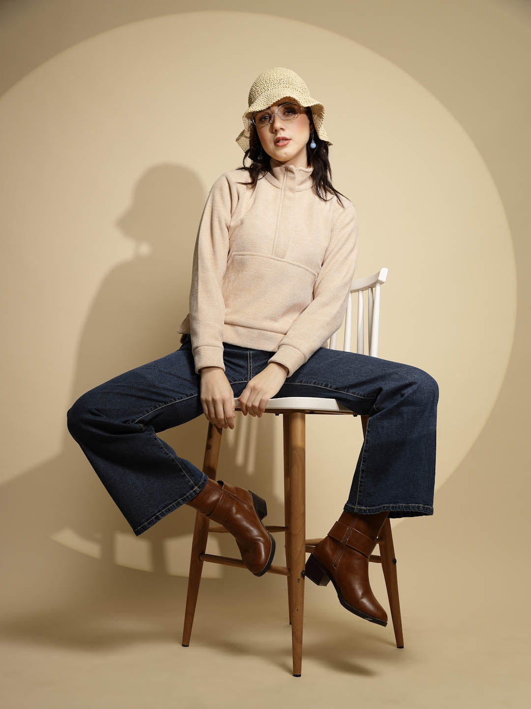 Beige Solid Fleece Sweatshirt - Global Republic