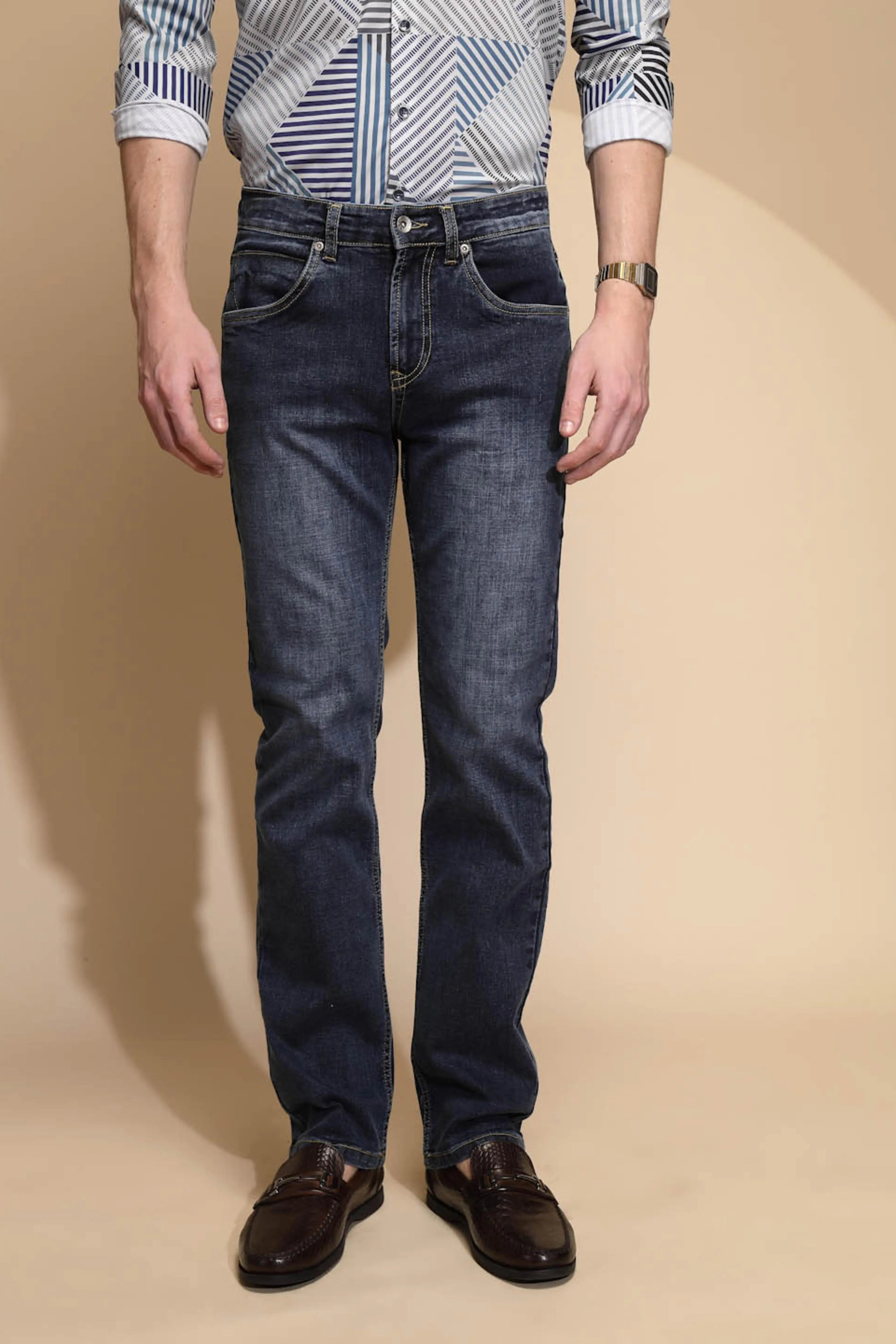 Blue Solid Cotton Blend Jeans - Global Republic