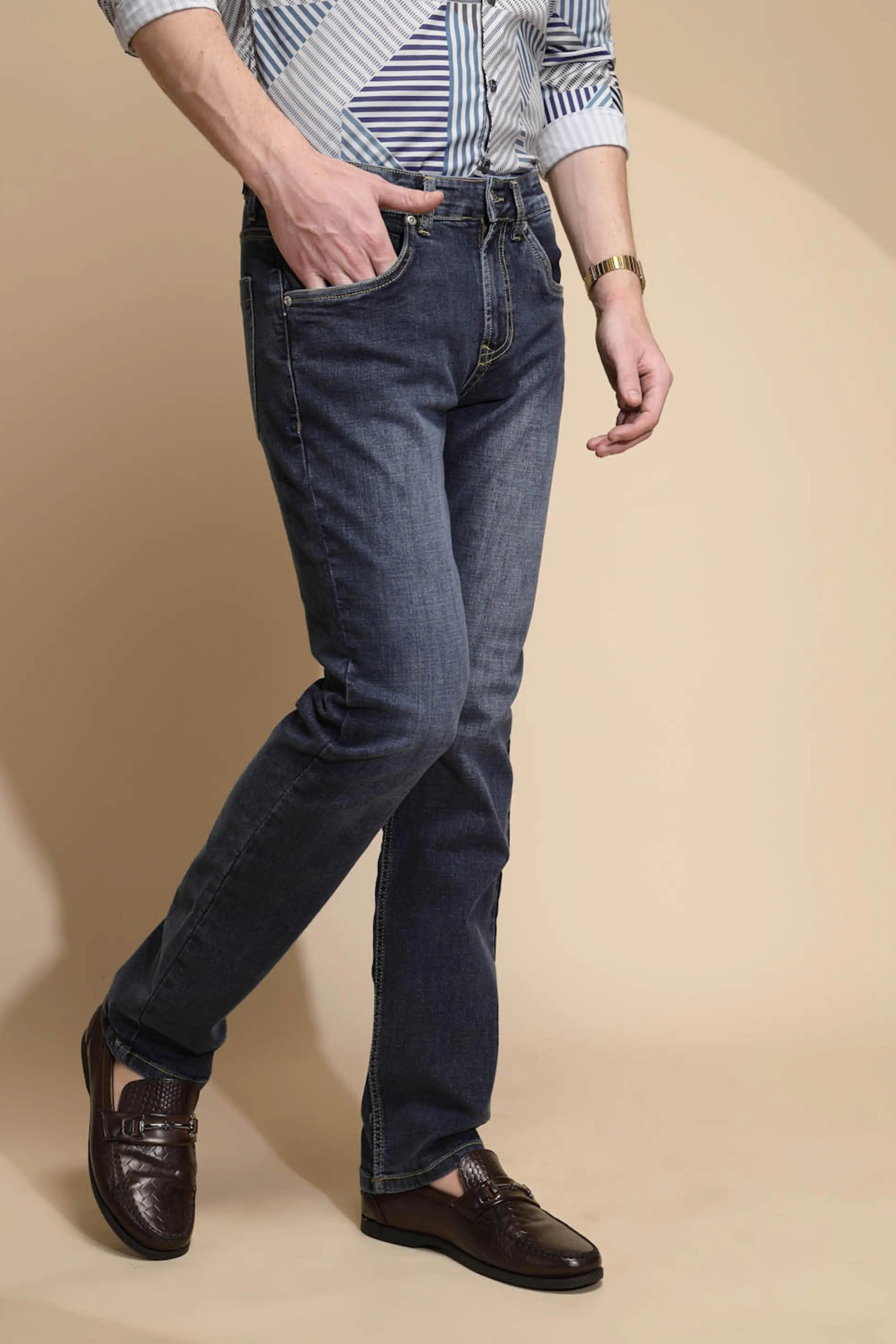 Blue Solid Cotton Blend Jeans - Global Republic