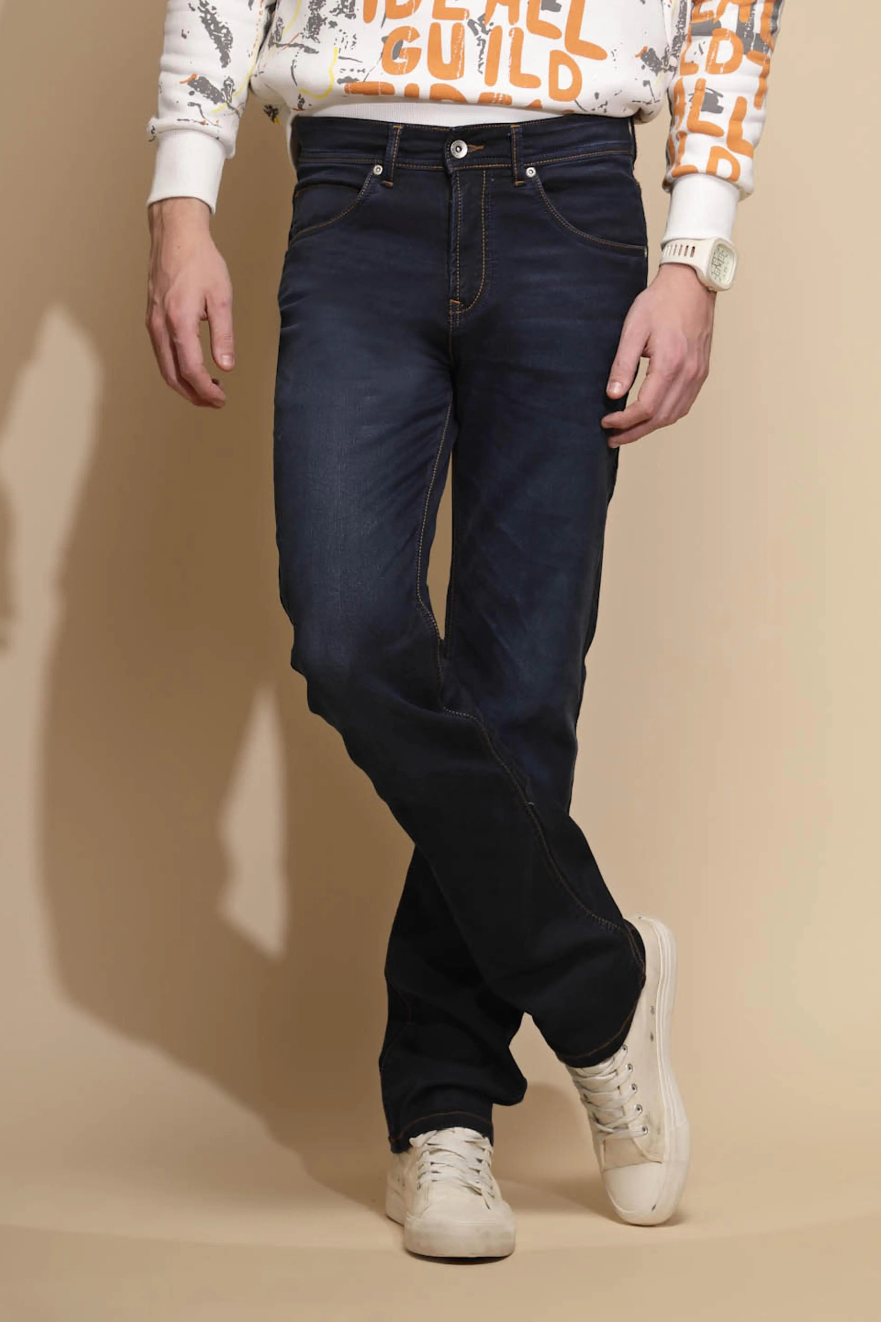 Dark Blue Solid Mid Rise Straight Fit Cotton Blend Jeans - Global Republic