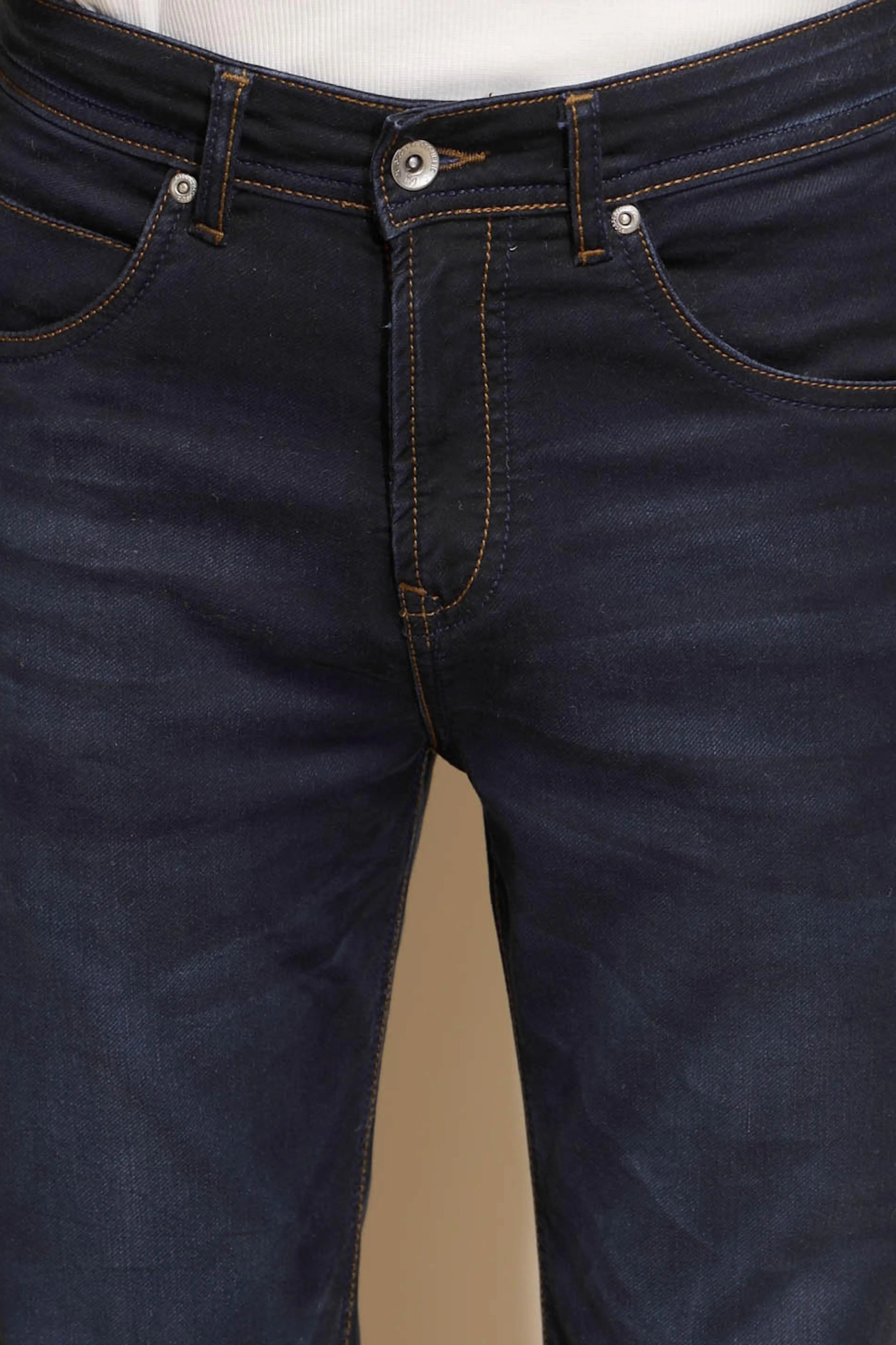 Dark Blue Solid Mid Rise Straight Fit Cotton Blend Jeans - Global Republic