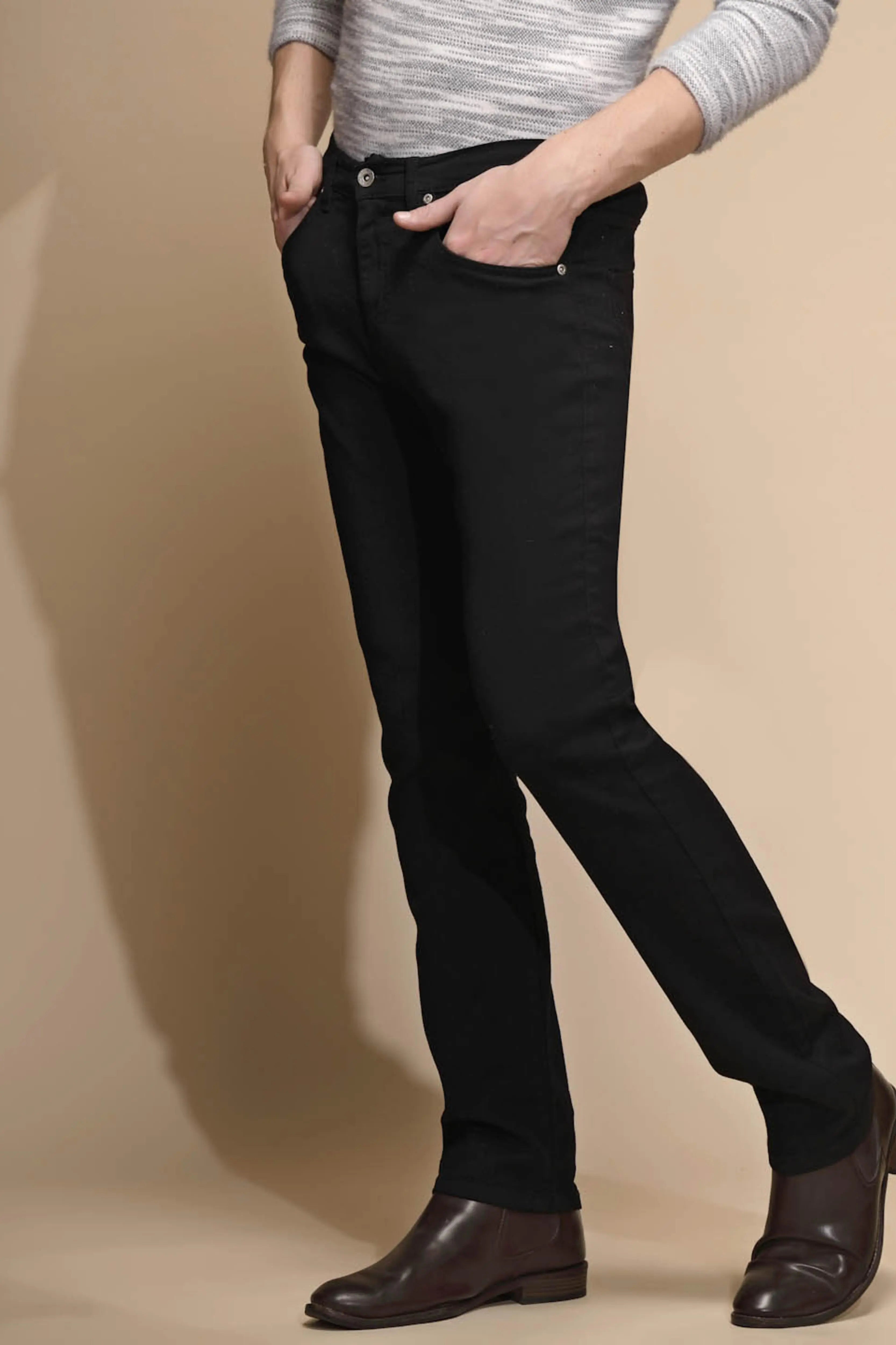 Solid Black Stretchable Mid Rise Straight Fit Cotton Blend Jeans - Global Republic