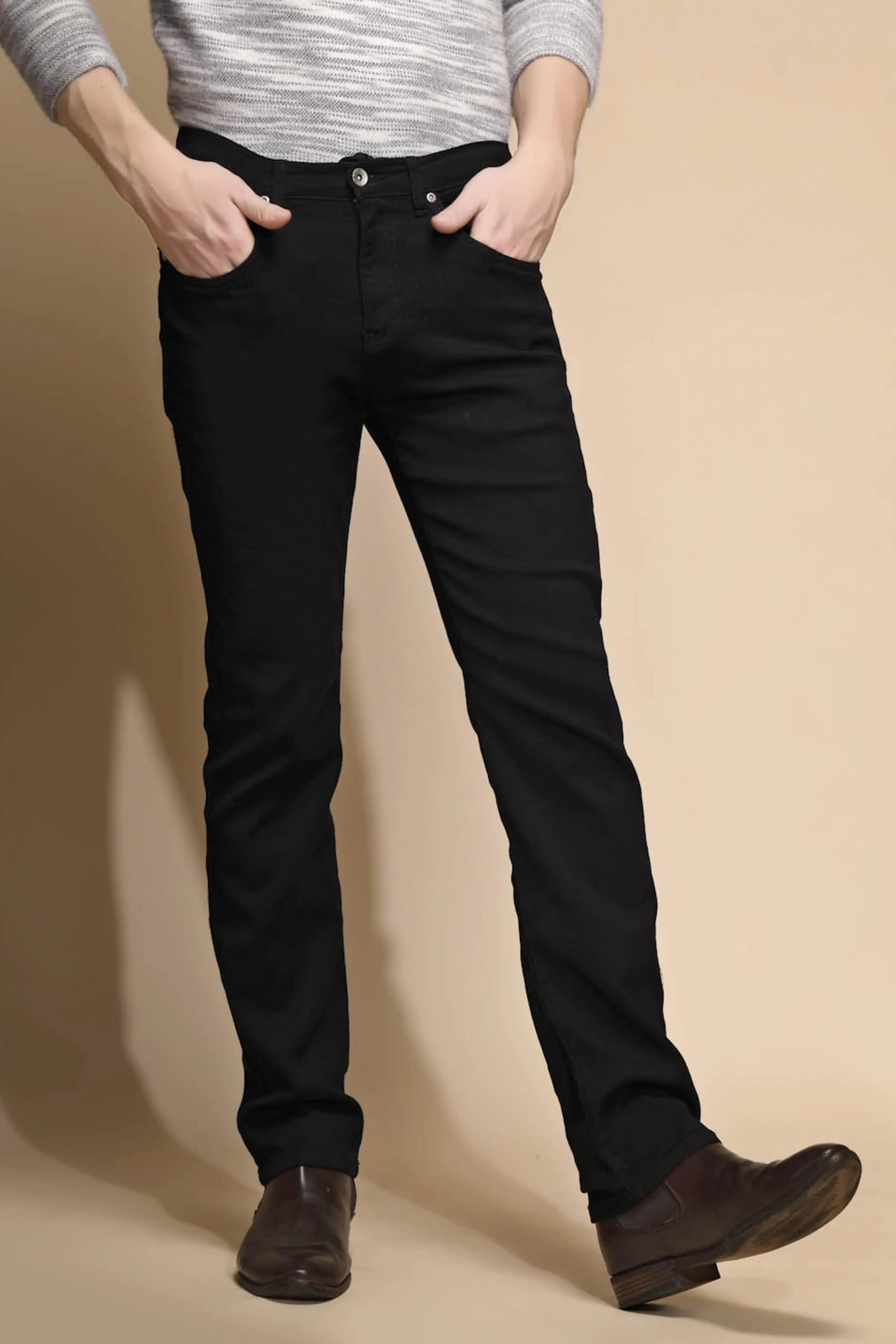 Solid Black Stretchable Mid Rise Straight Fit Cotton Blend Jeans - Global Republic