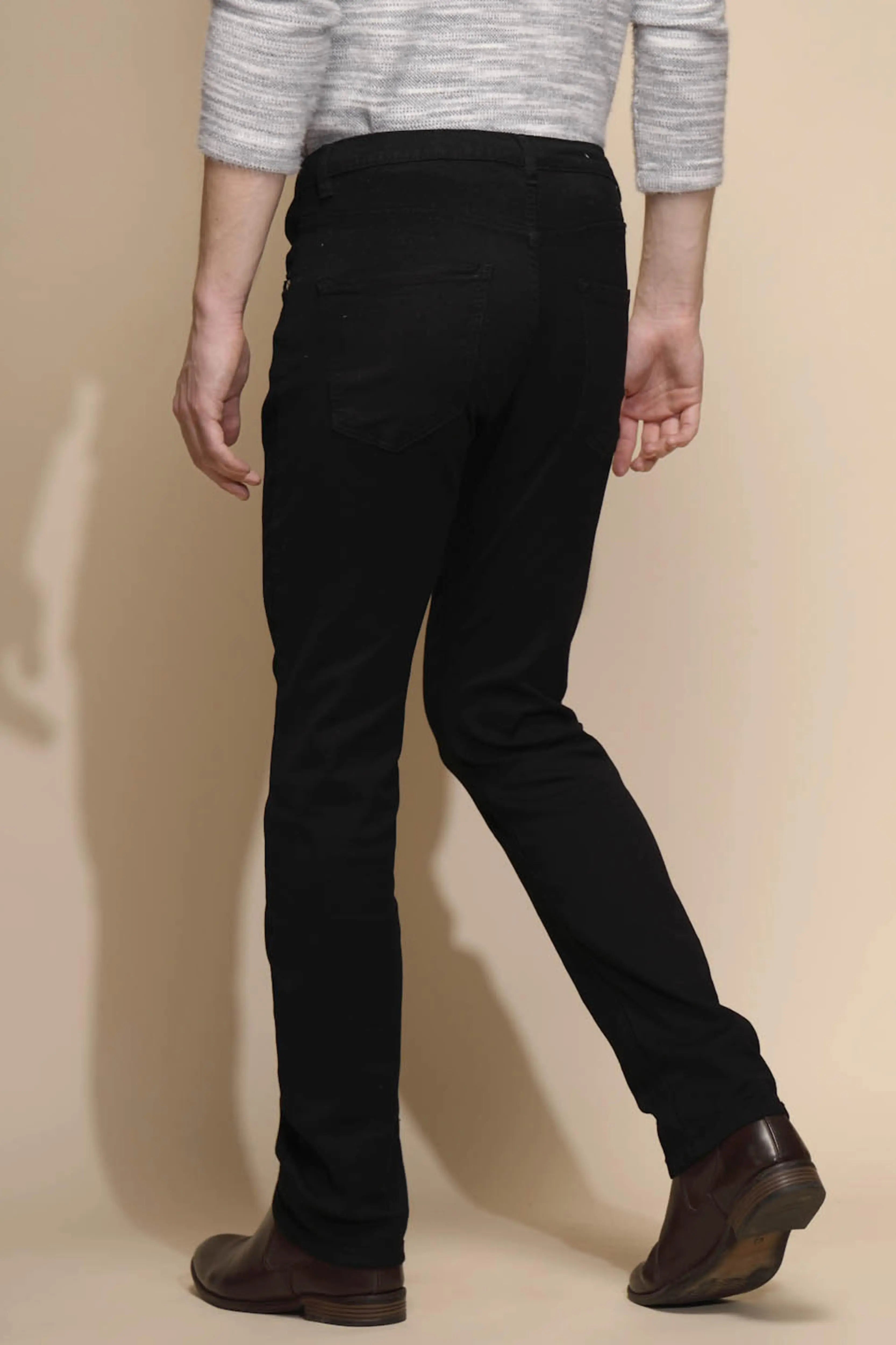 Solid Black Stretchable Mid Rise Straight Fit Cotton Blend Jeans - Global Republic