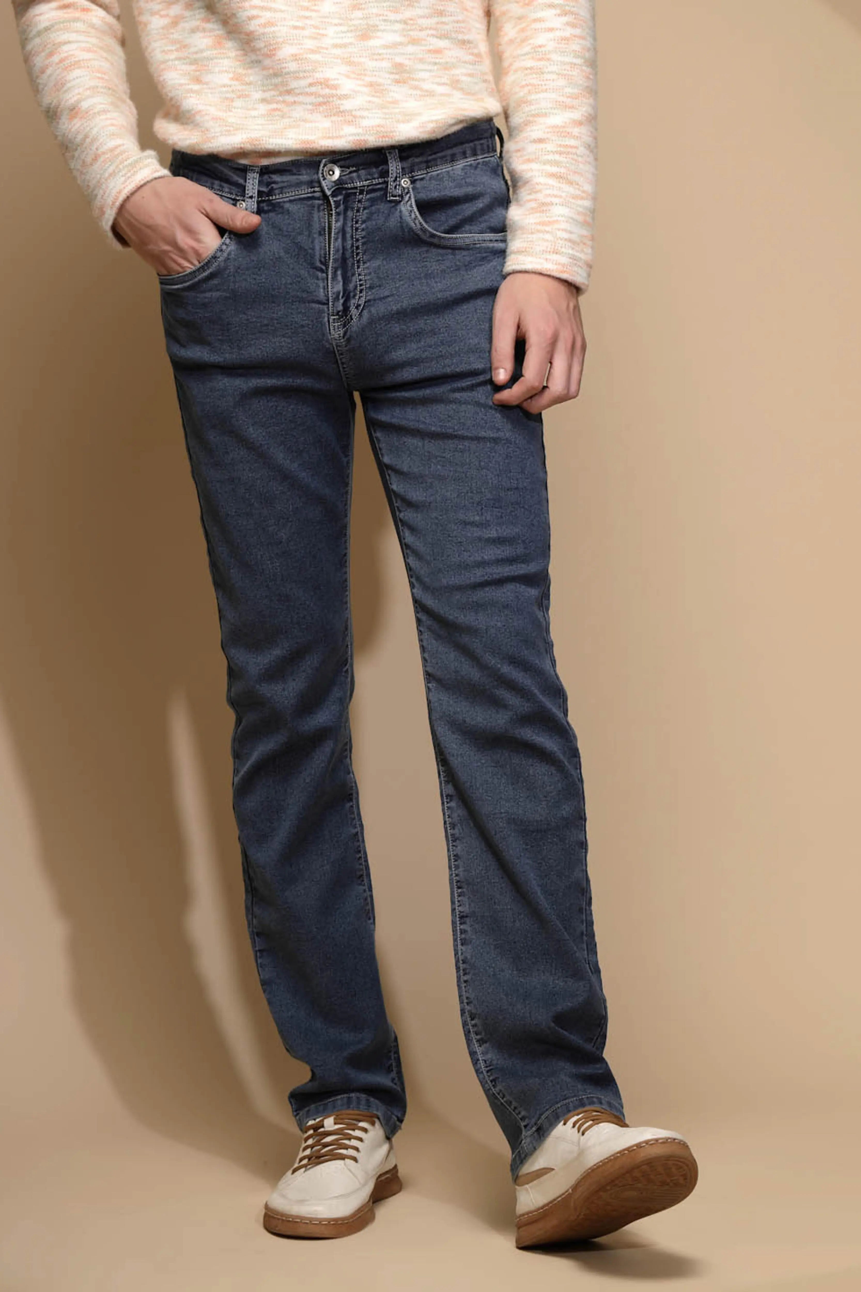 Medium Blue Solid Mid Rise Full Length Straight Slim Fit Cotton Blend Jeans - Global Republic