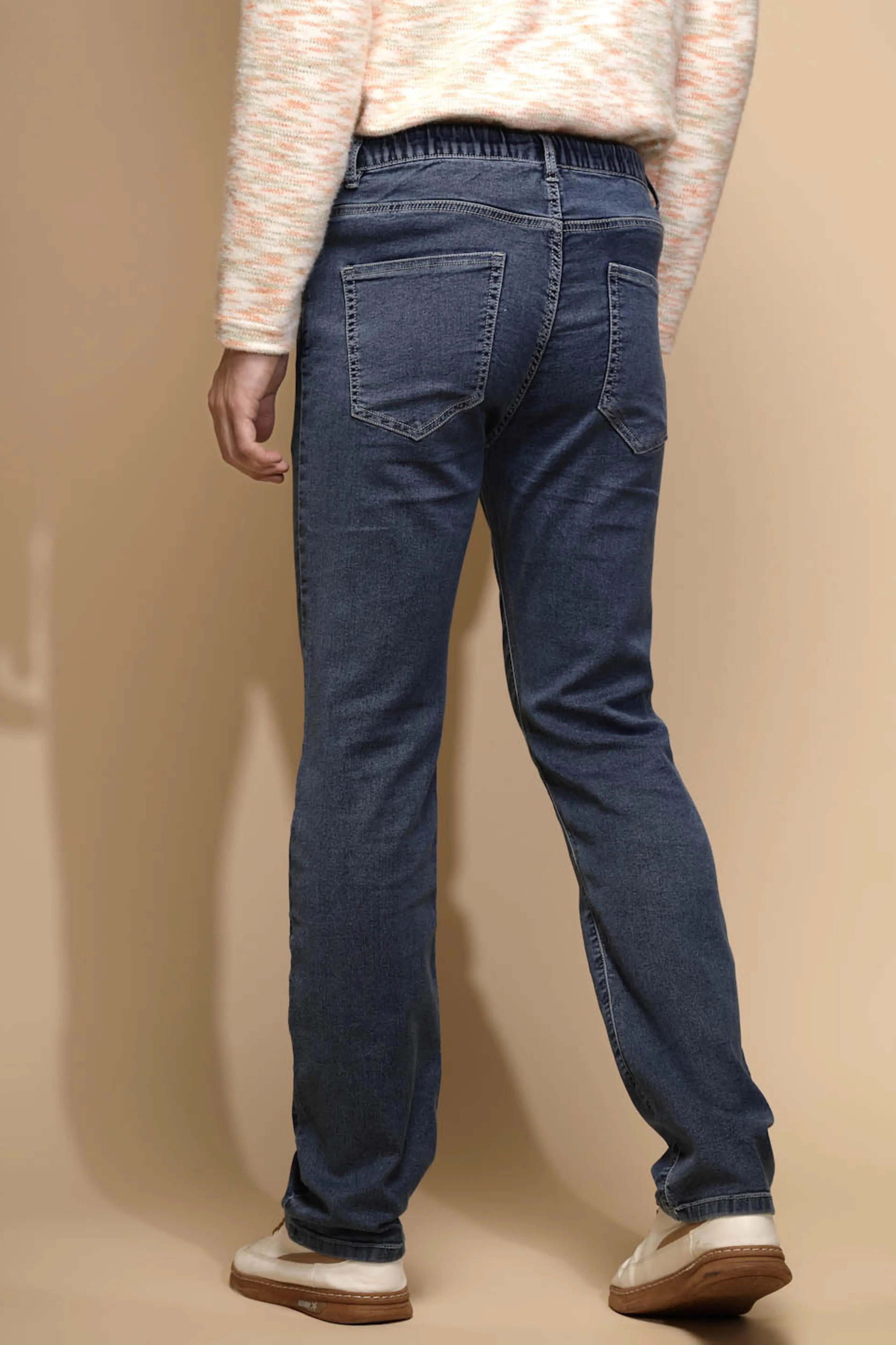 Medium Blue Solid Mid Rise Full Length Straight Slim Fit Cotton Blend Jeans - Global Republic