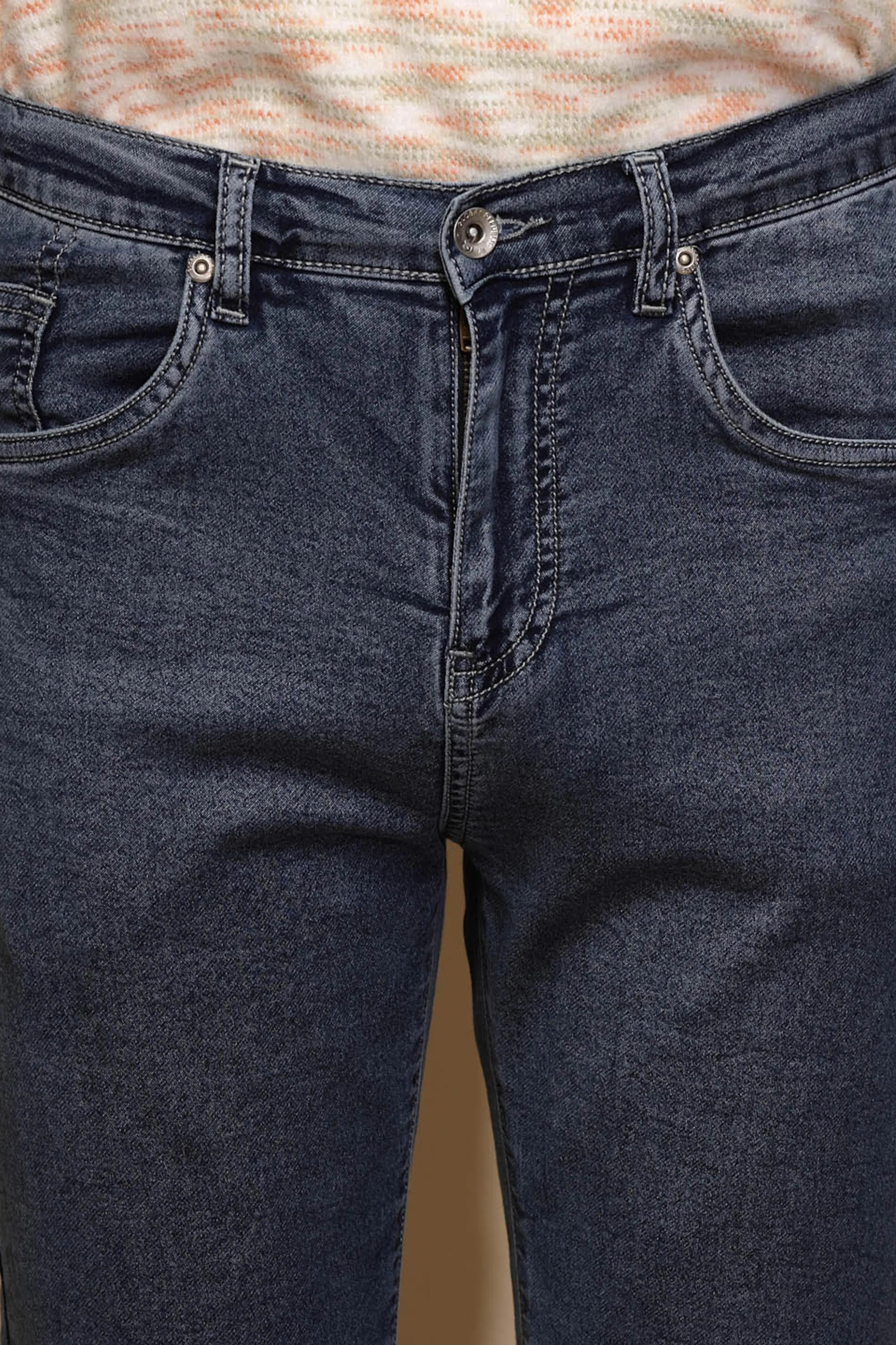 Medium Blue Solid Mid Rise Full Length Straight Slim Fit Cotton Blend Jeans - Global Republic