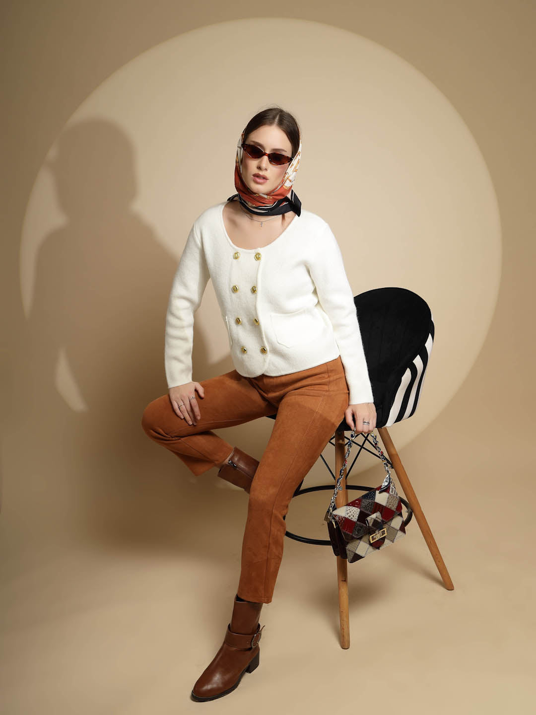 Off White Solid Acrylic Winter Coat - Global Republic