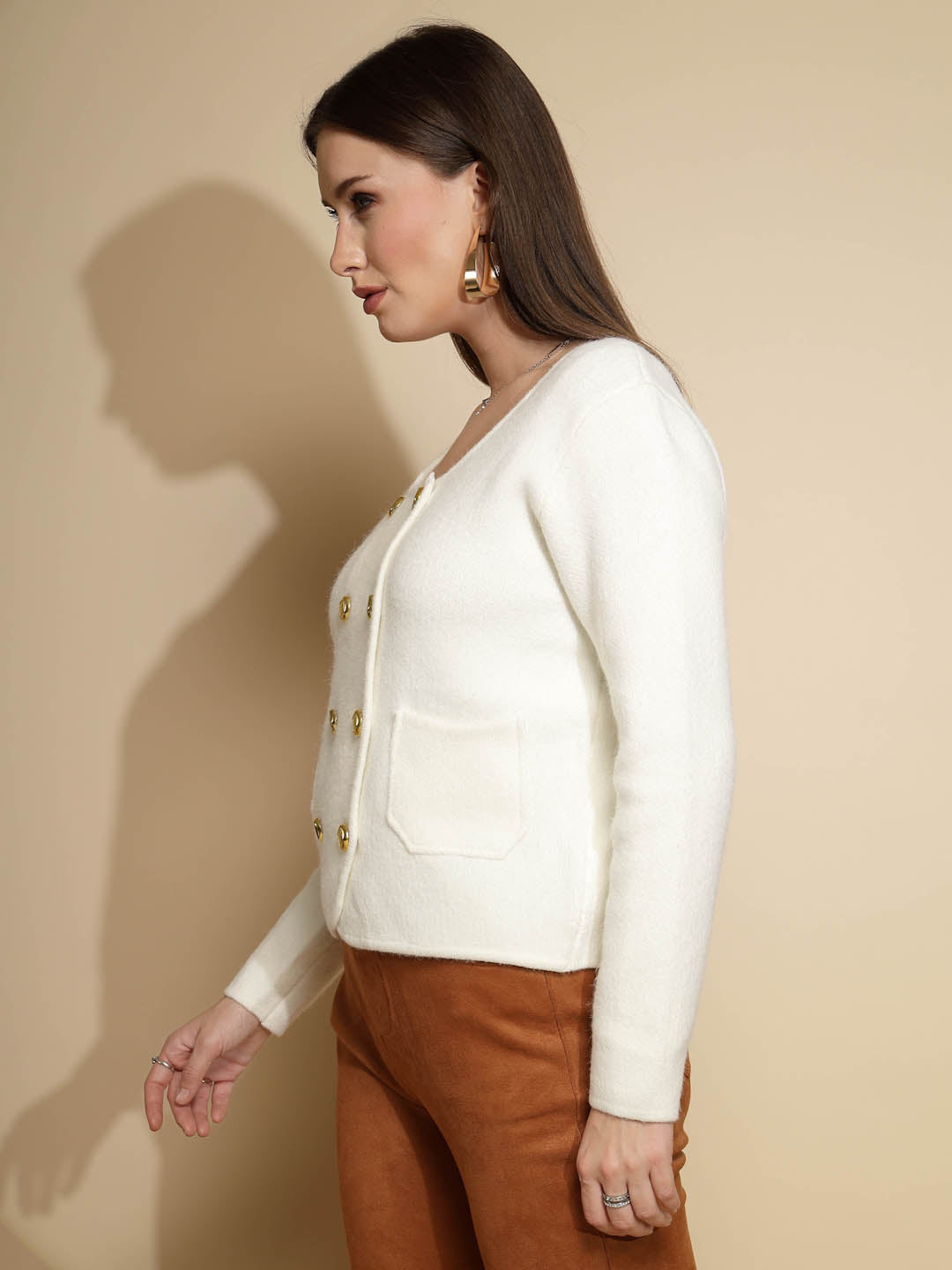 Off White Solid Acrylic Winter Coat - Global Republic