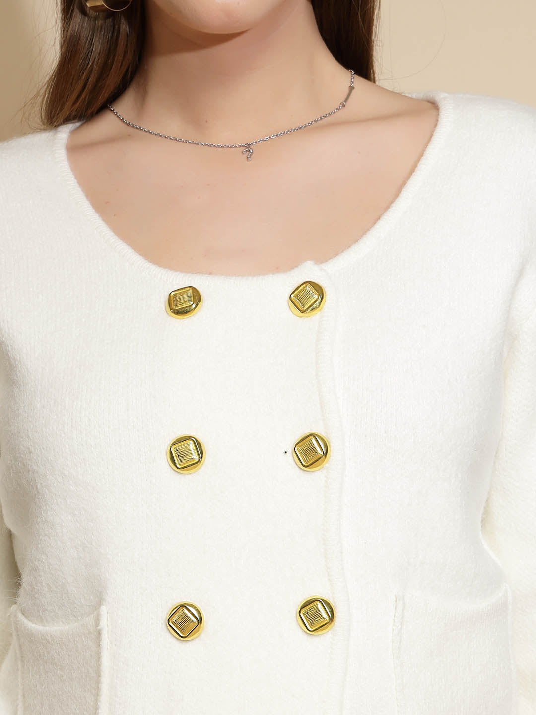 Off White Solid Acrylic Winter Coat - Global Republic