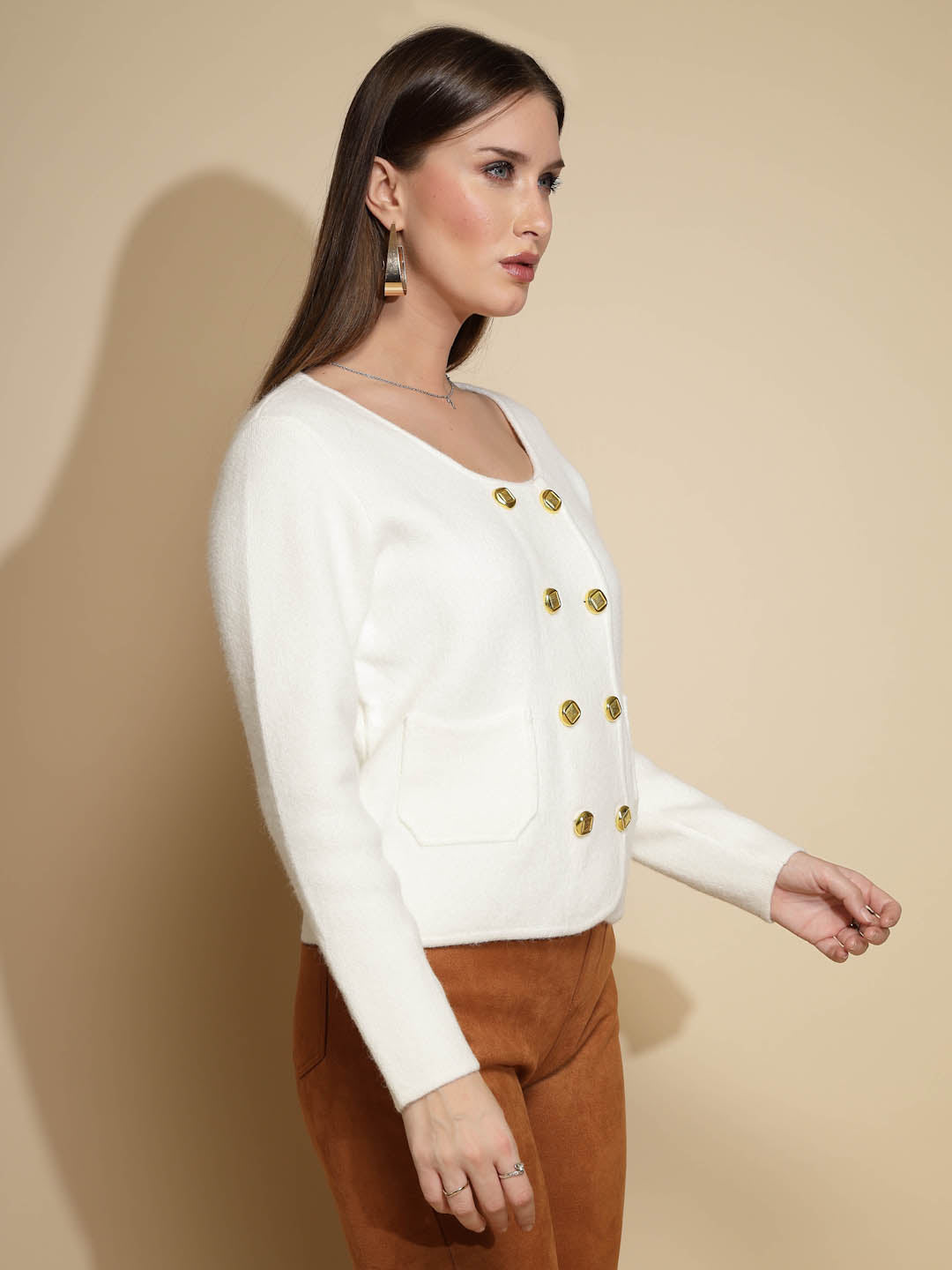 Off White Solid Acrylic Winter Coat - Global Republic