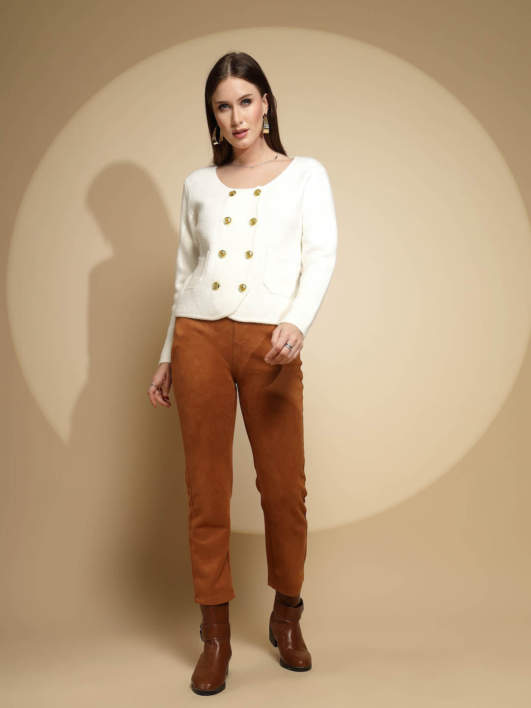 Off White Solid Acrylic Winter Coat - Global Republic