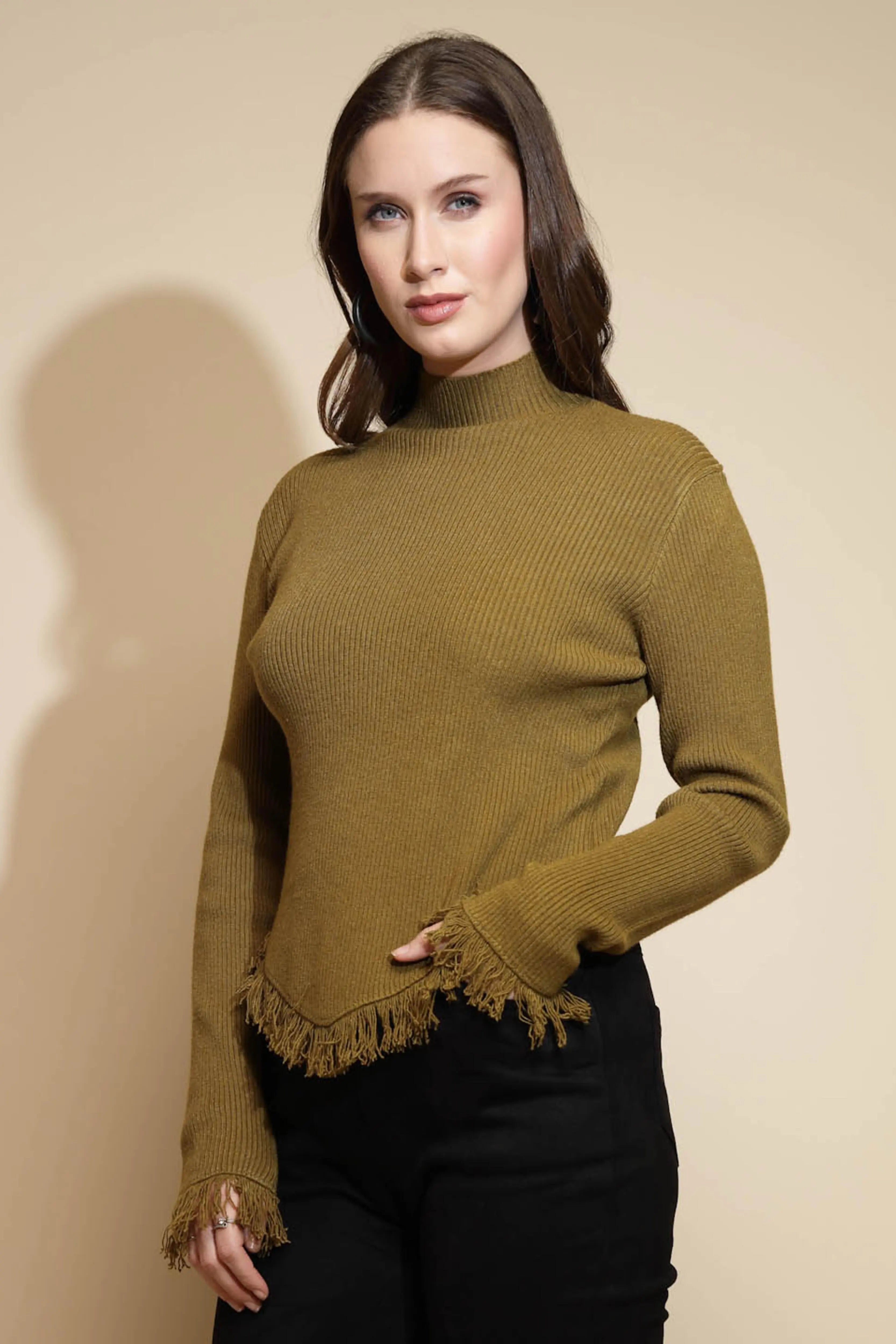 Olive Solid Full Sleeve Turtle Neck Woolen Fringed Pullover Sweater - Global Republic