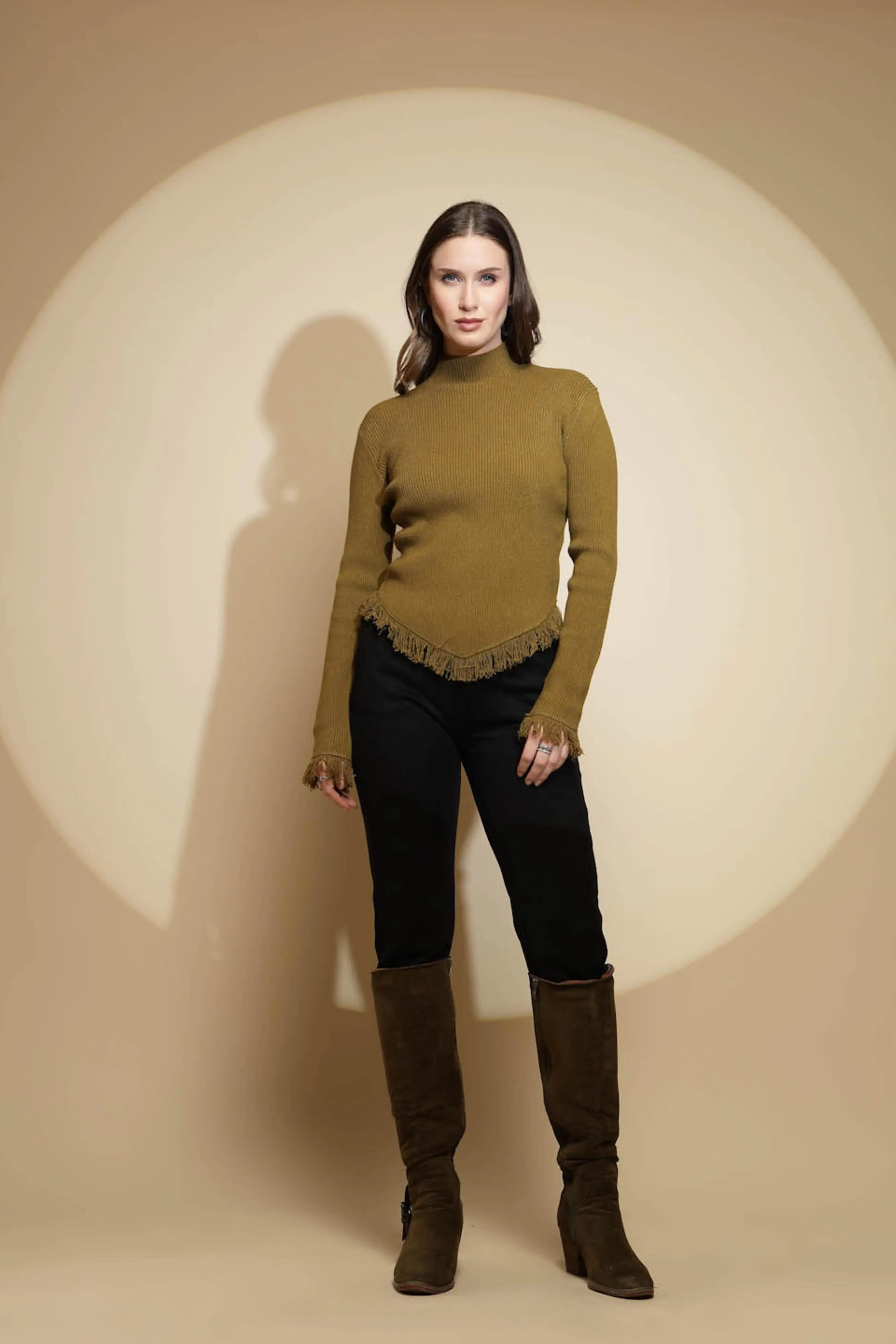 Olive Solid Woolen Fringed Pullover - Global Republic