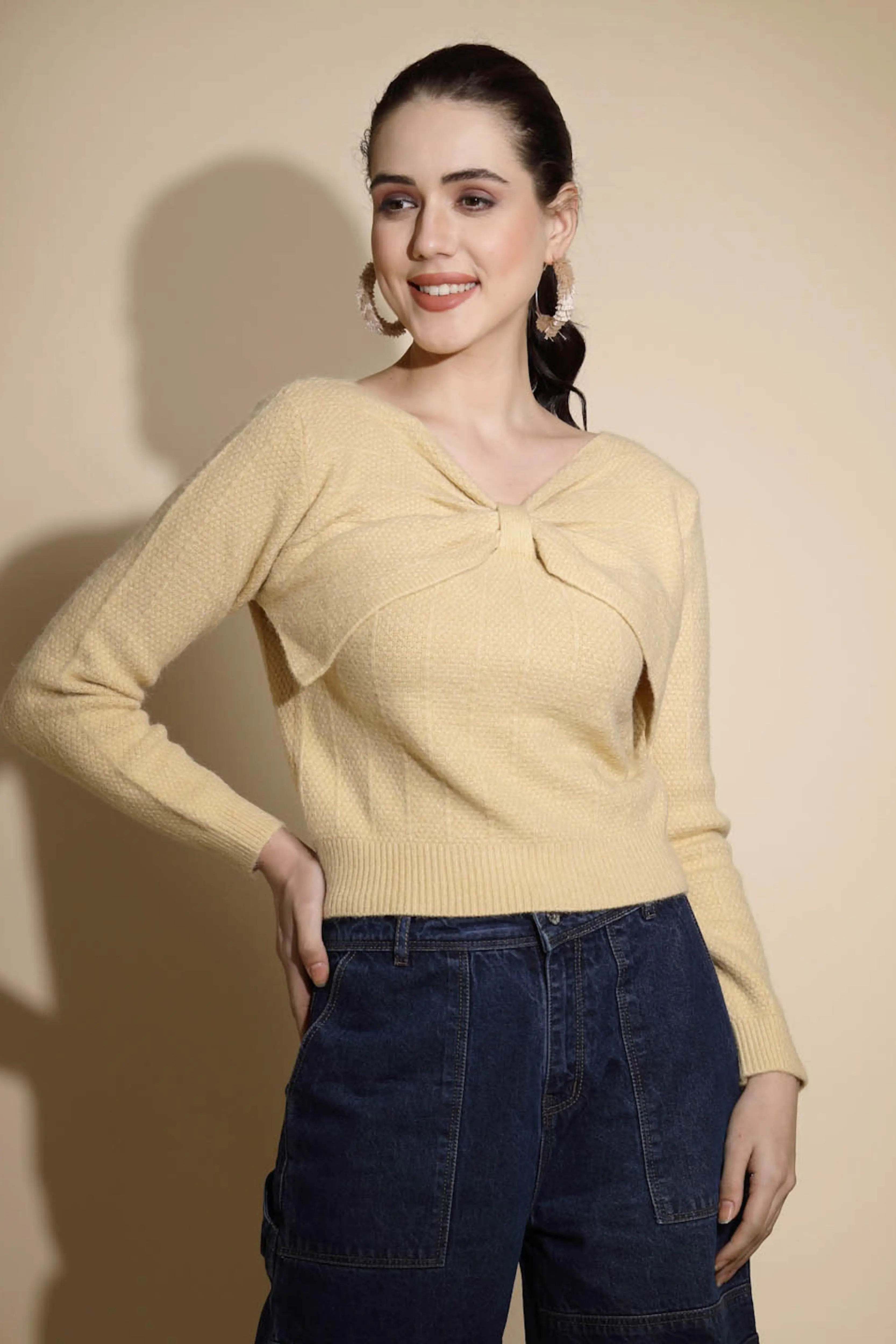 Beige Solid Knitted Pullover - Global Republic