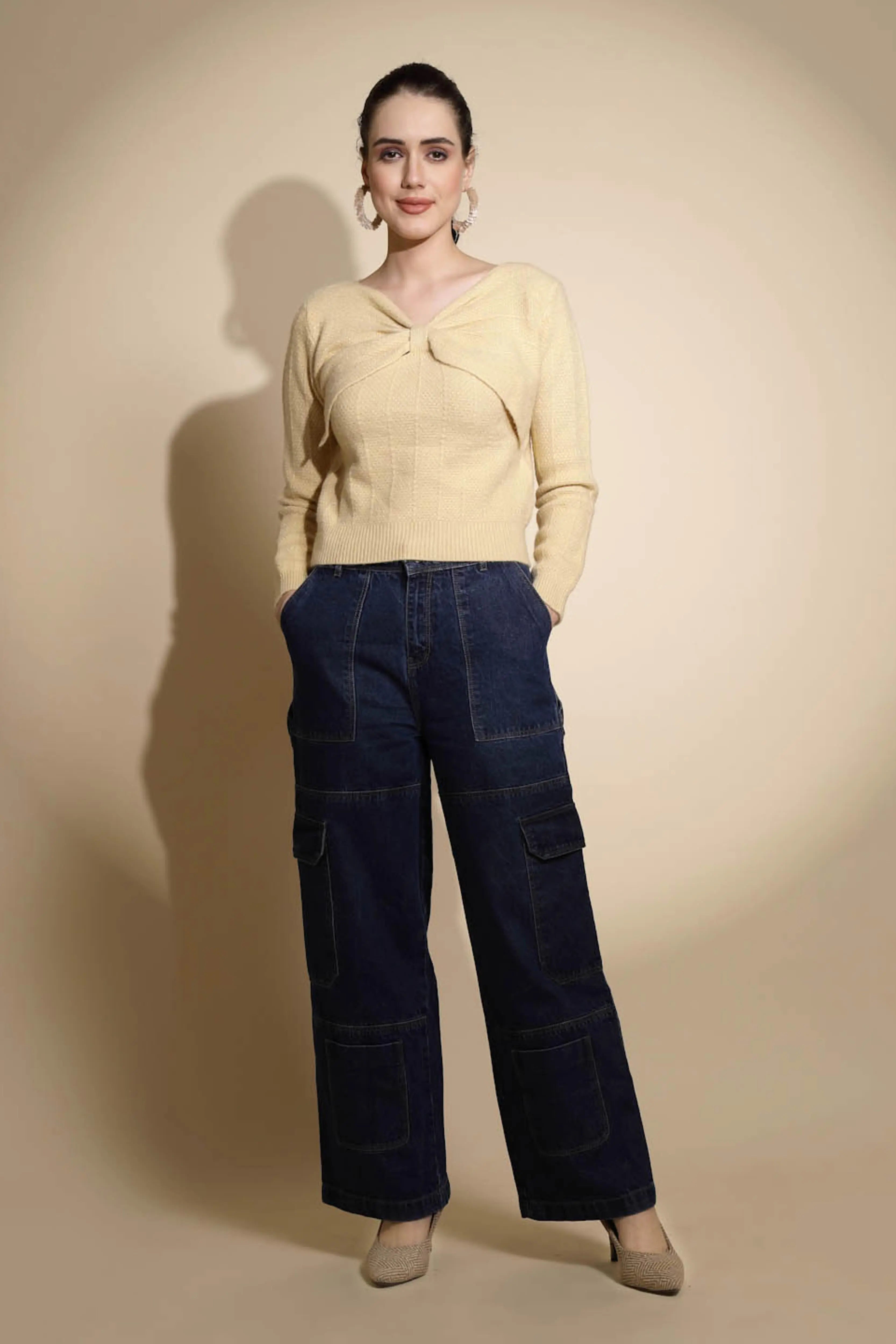 Beige Solid Knitted Pullover - Global Republic