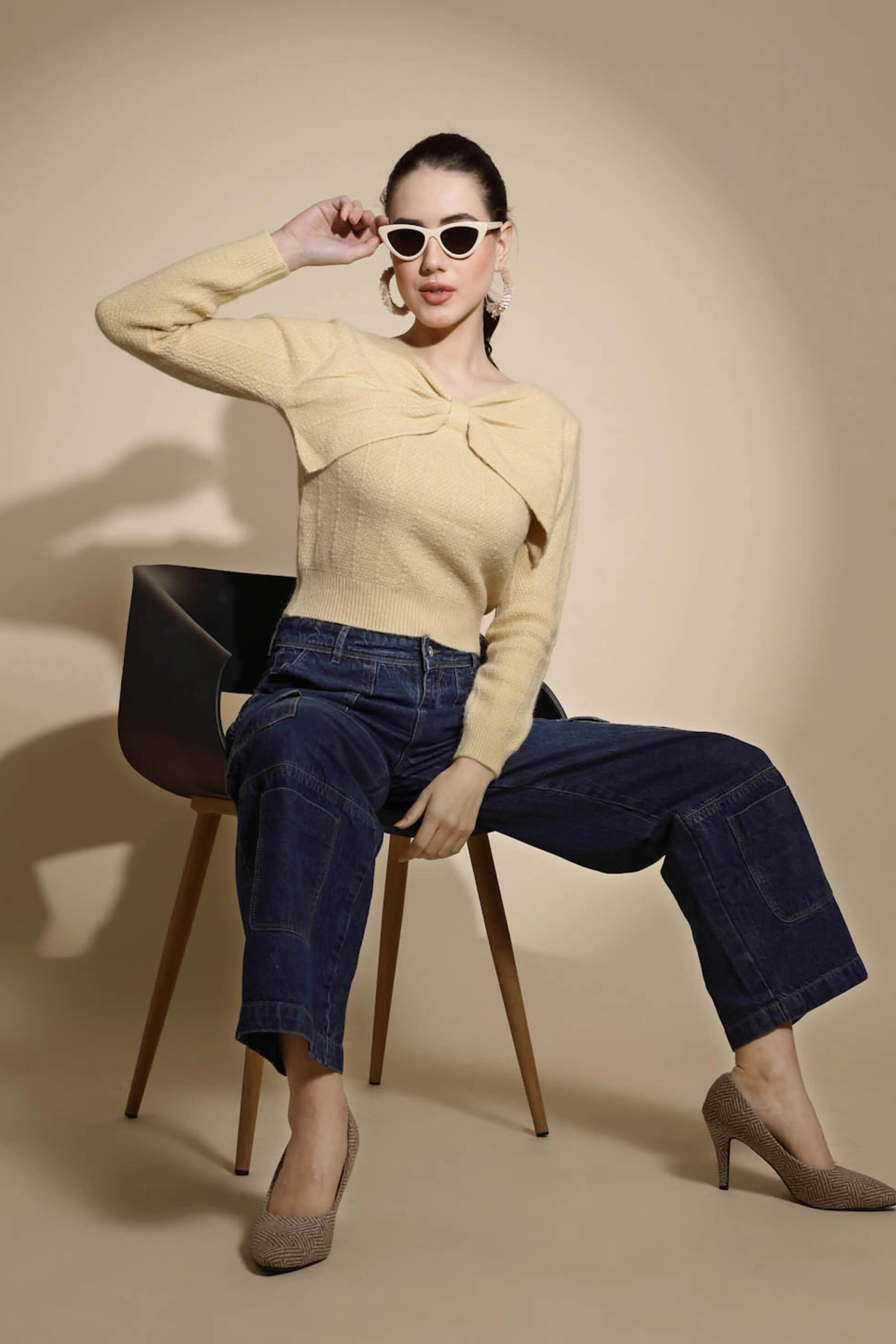 Beige Solid Knitted Pullover - Global Republic