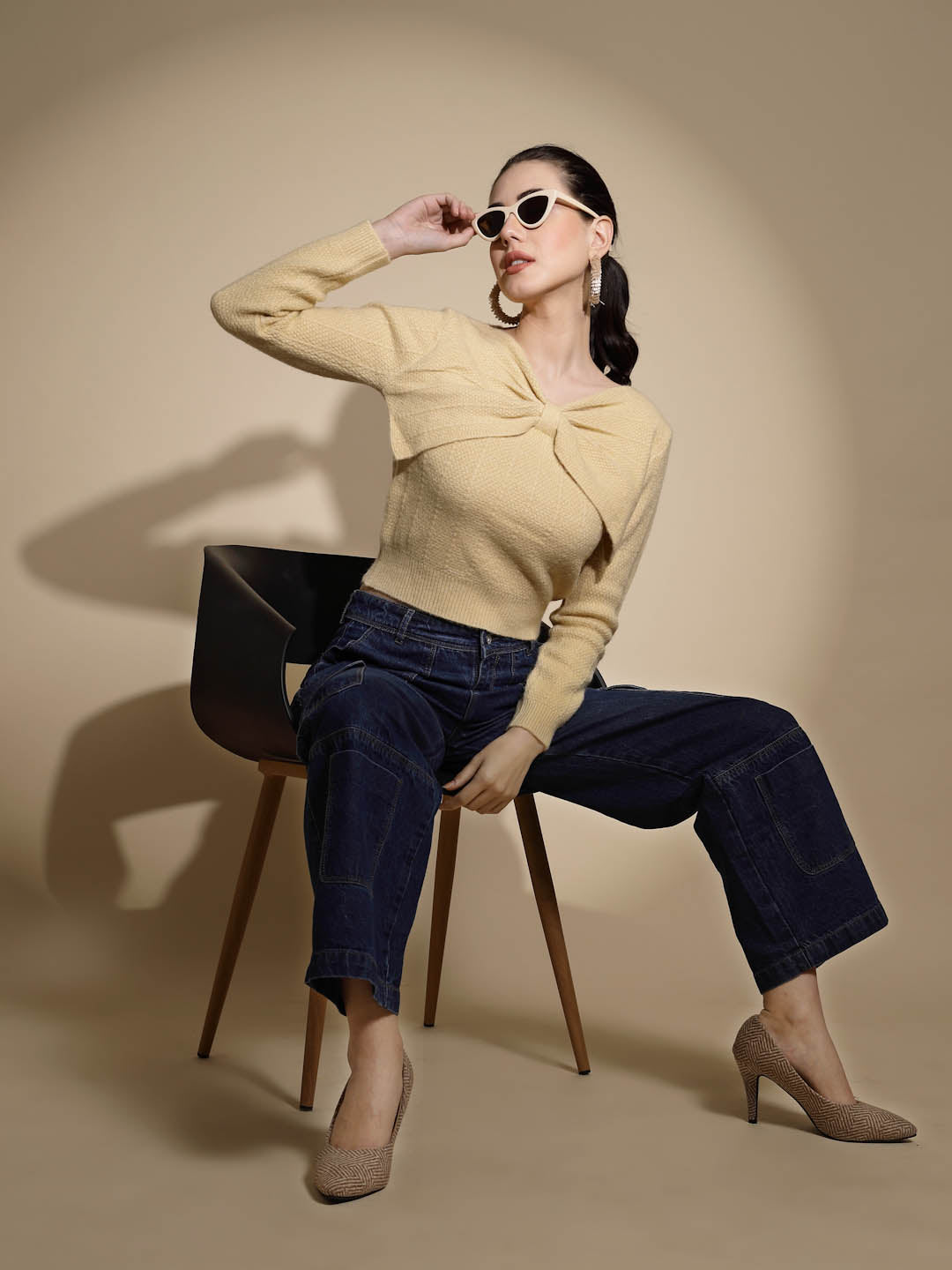 Beige Solid Knitted Pullover - Global Republic