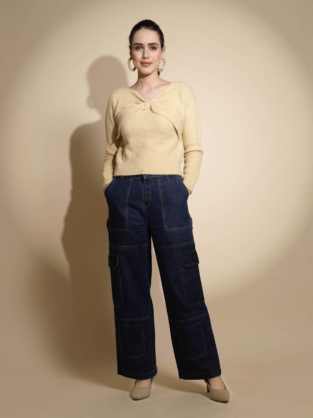 Beige Solid Knitted Pullover - Global Republic