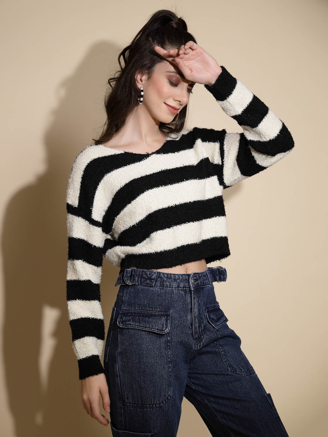 Black & Cream Striped Acrylic Pullover - Global Republic