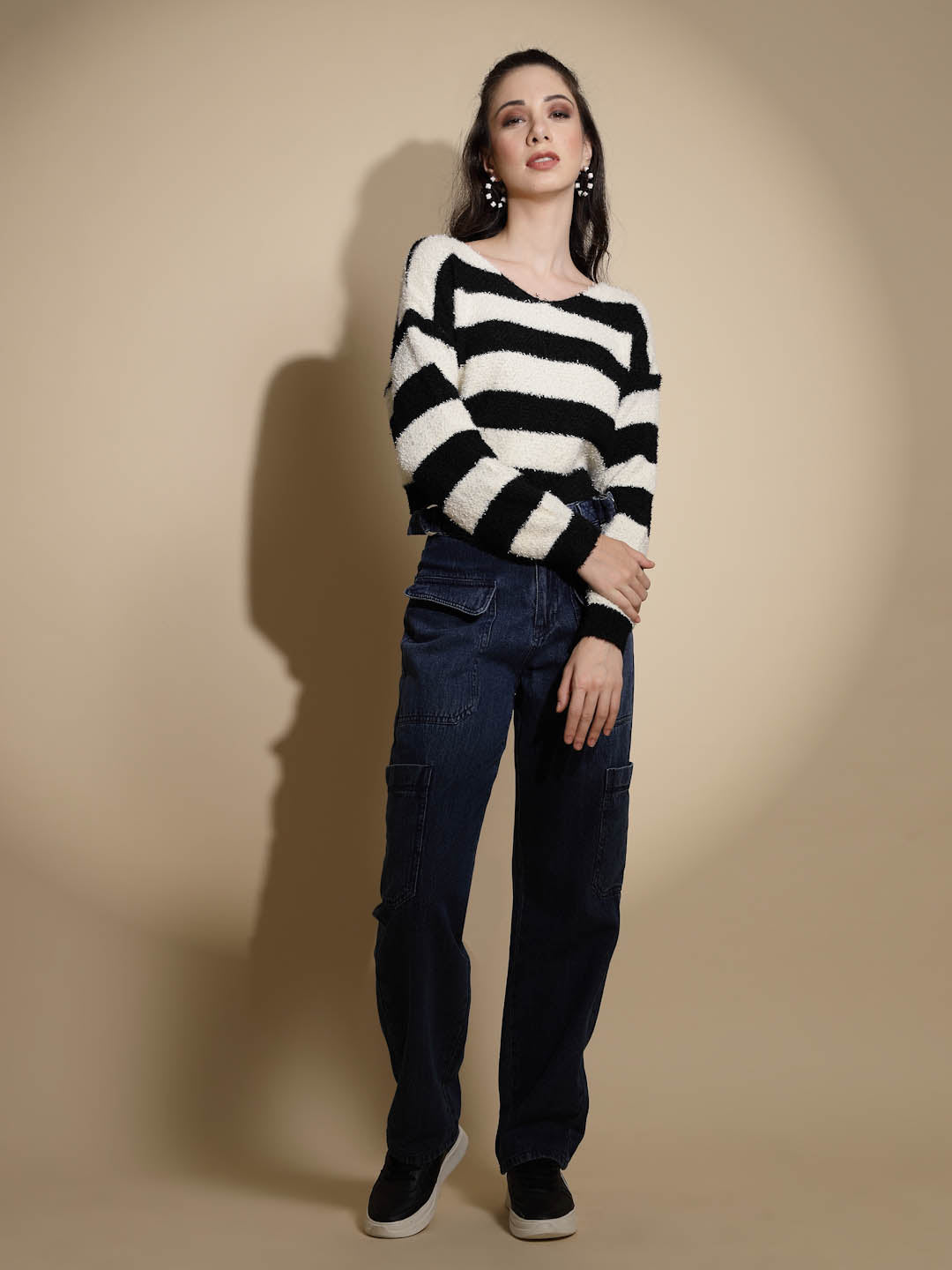 Black & Cream Striped Acrylic Pullover - Global Republic
