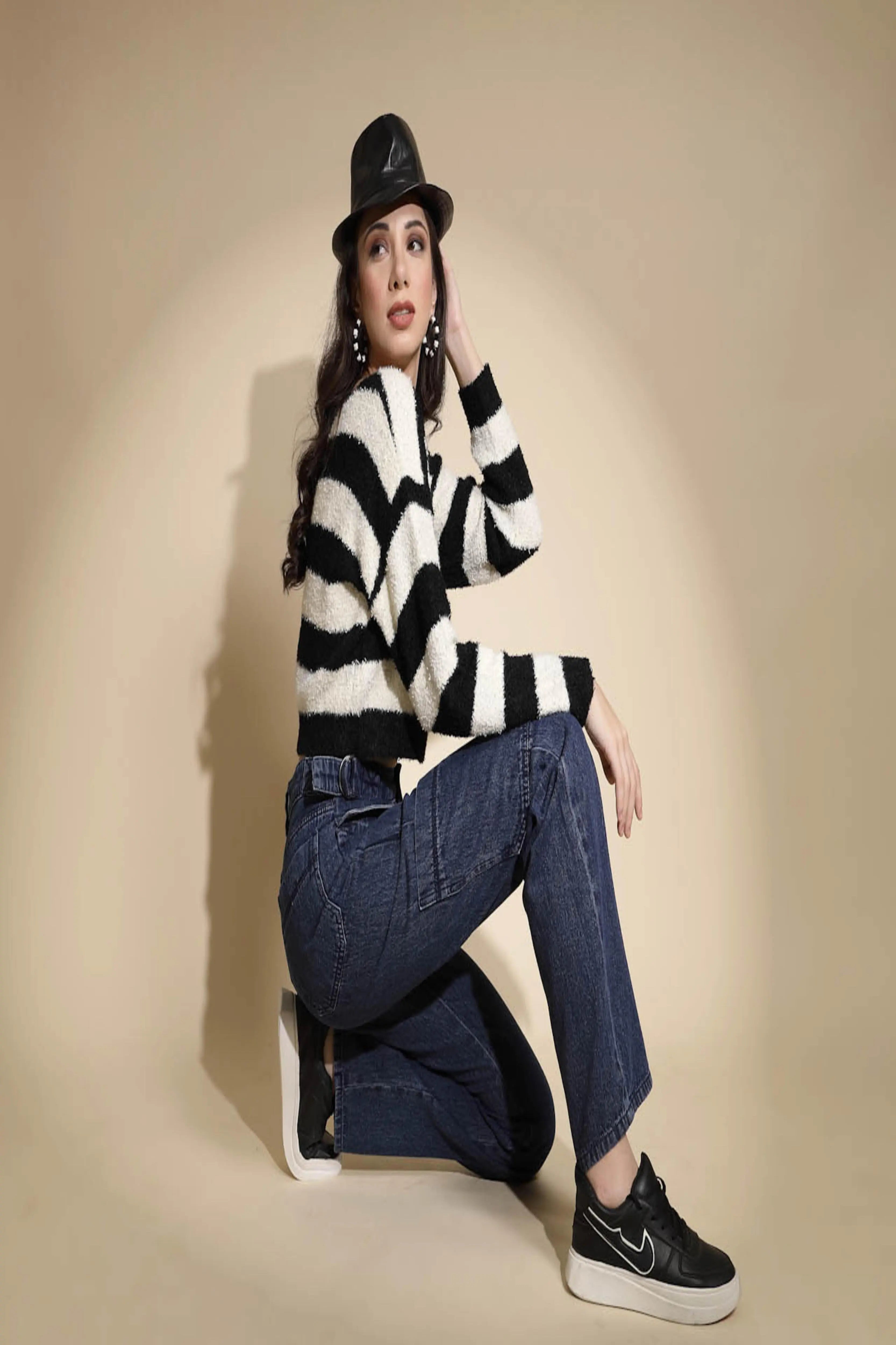 Black & Cream Striped Acrylic Pullover - Global Republic