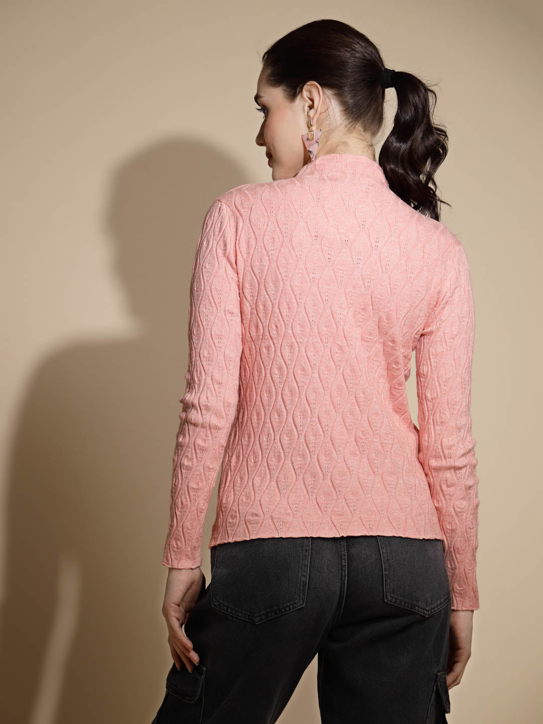 Peach Self Design Knitted Pullover - Global Republic