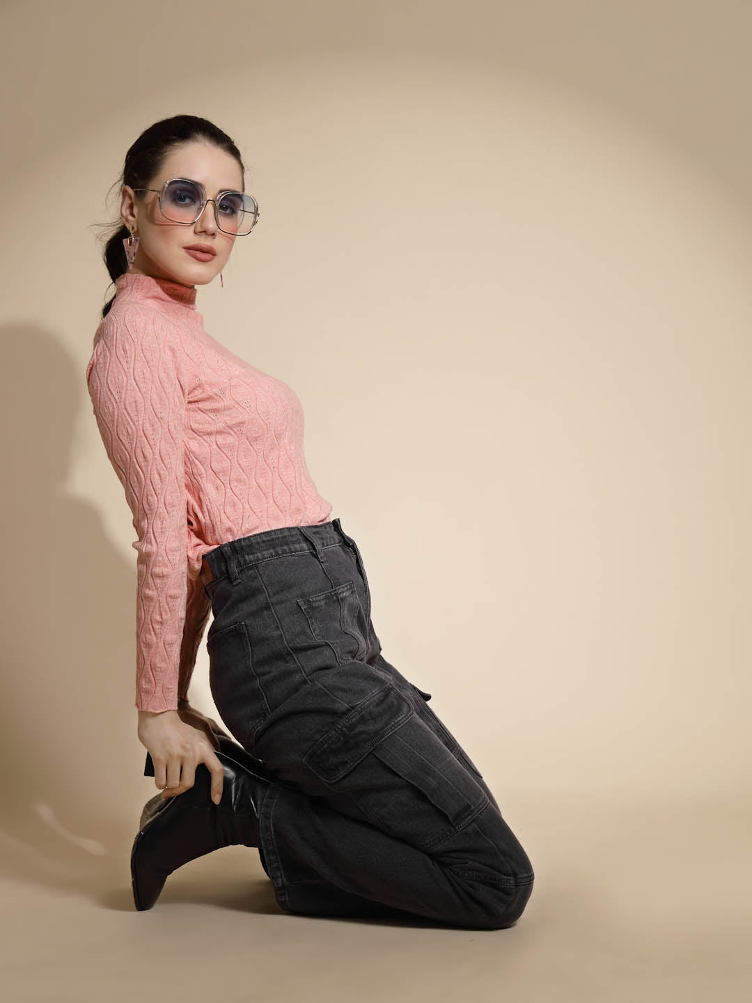 Peach Self Design Knitted Pullover