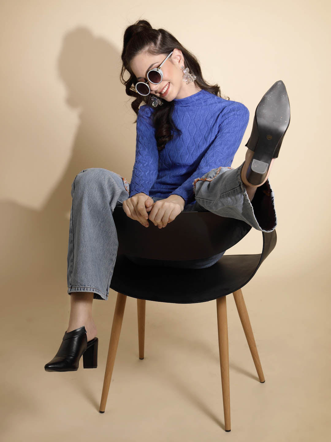 Blue Solid Knitted Skivvy