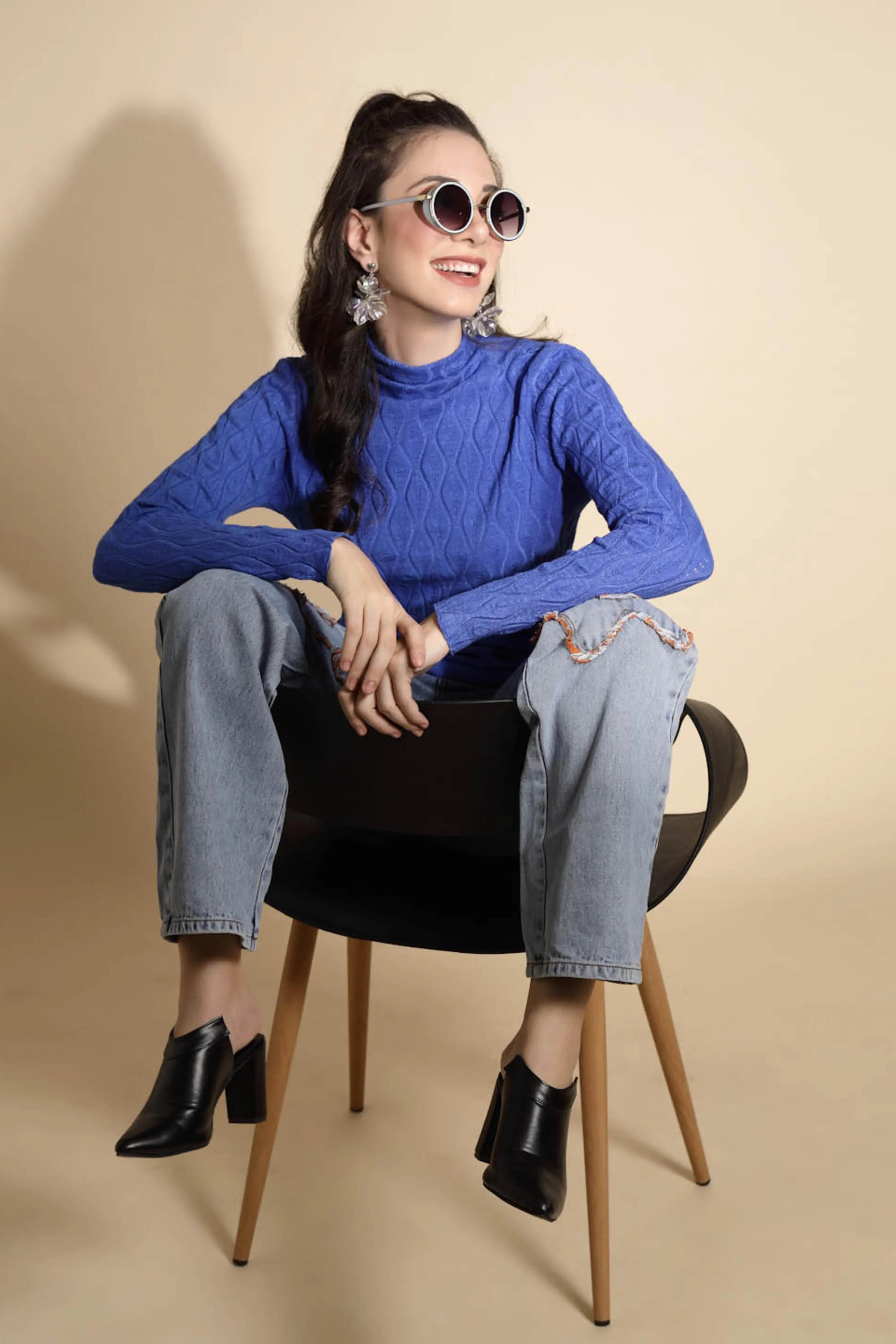 Blue Solid Knitted Skivvy