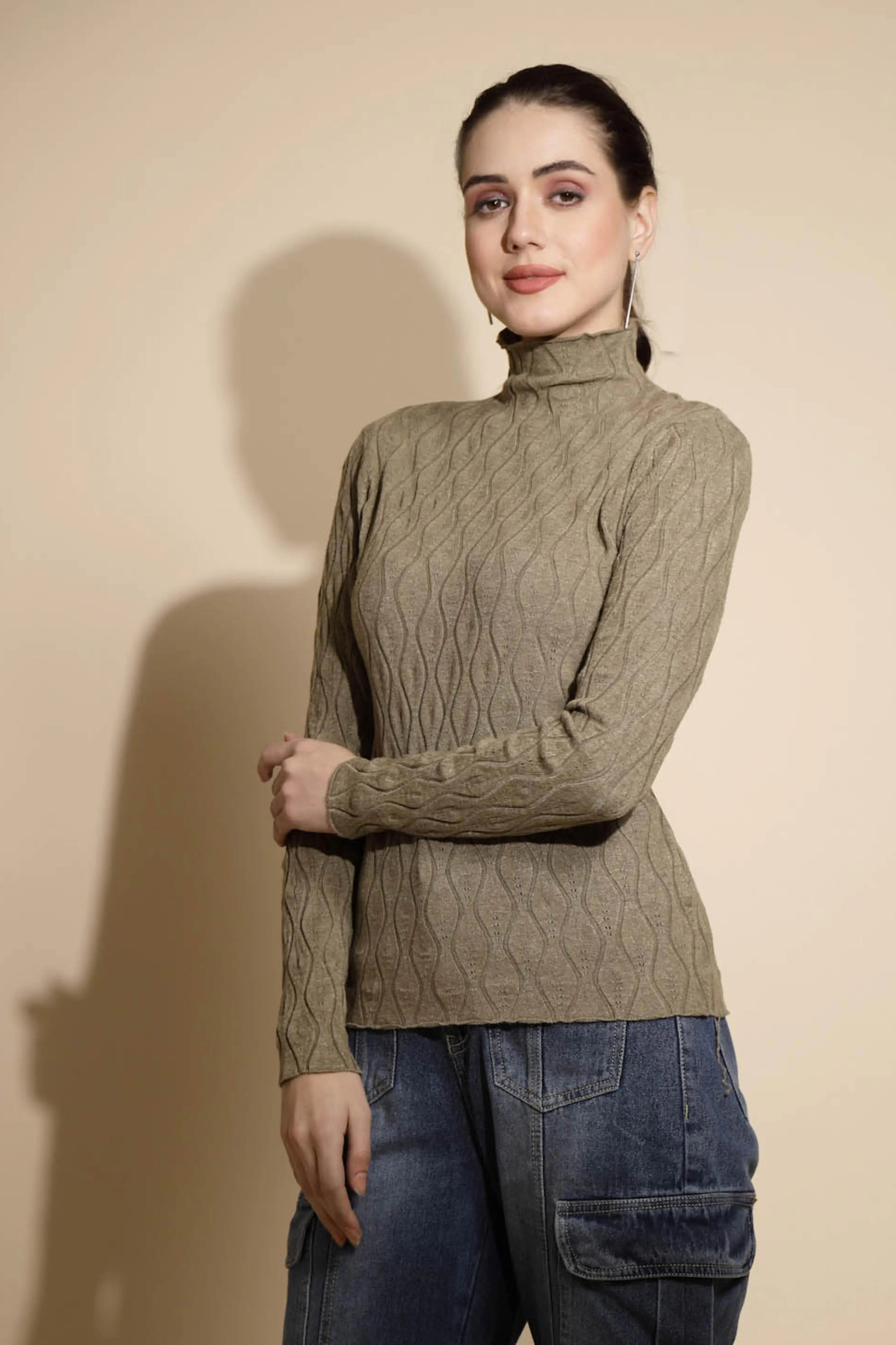 Brown Solid Knitted Casual Skivvy - Global Republic