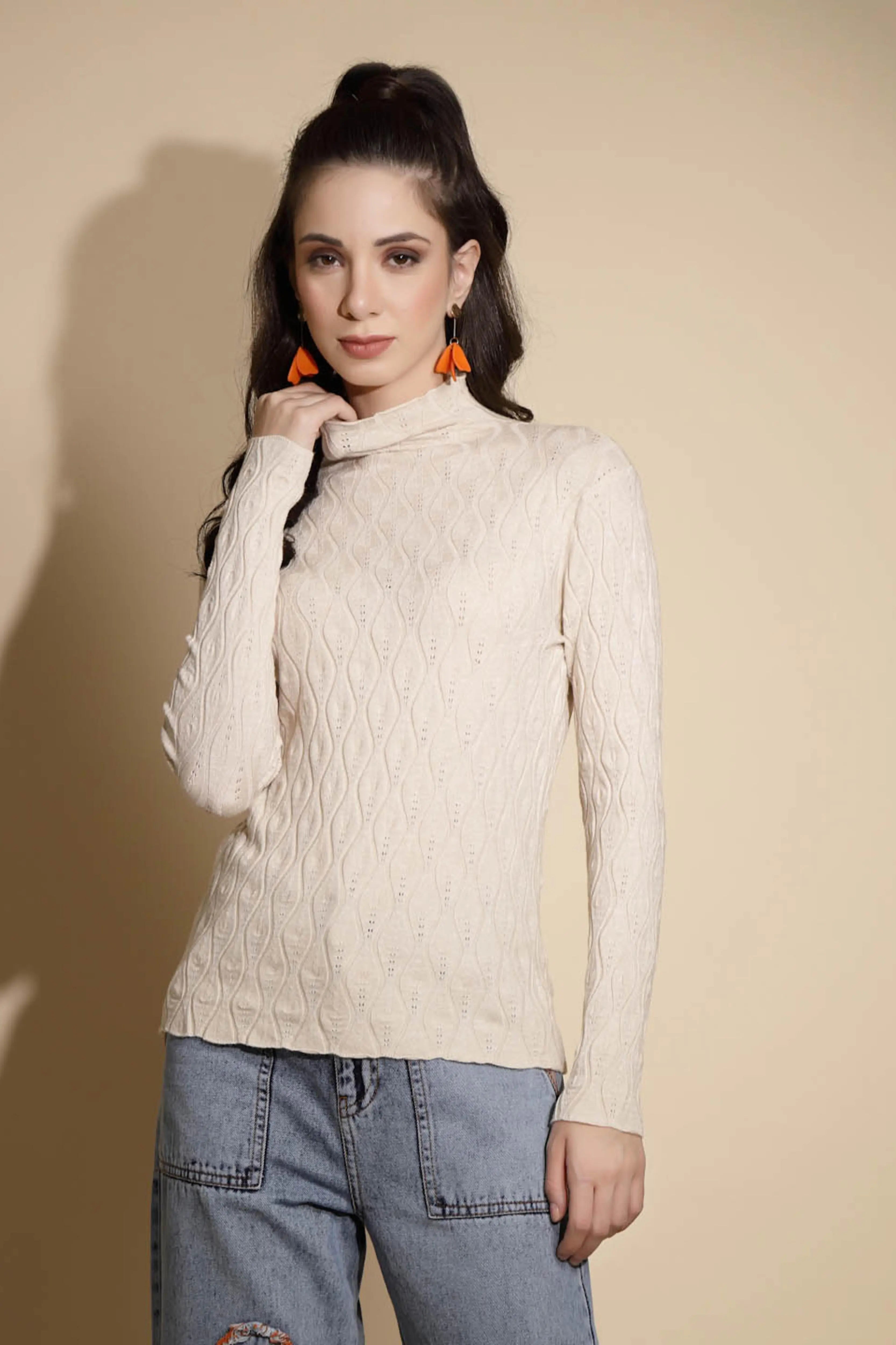 Beige Textured Turtle Neck Pullover - Global Republic