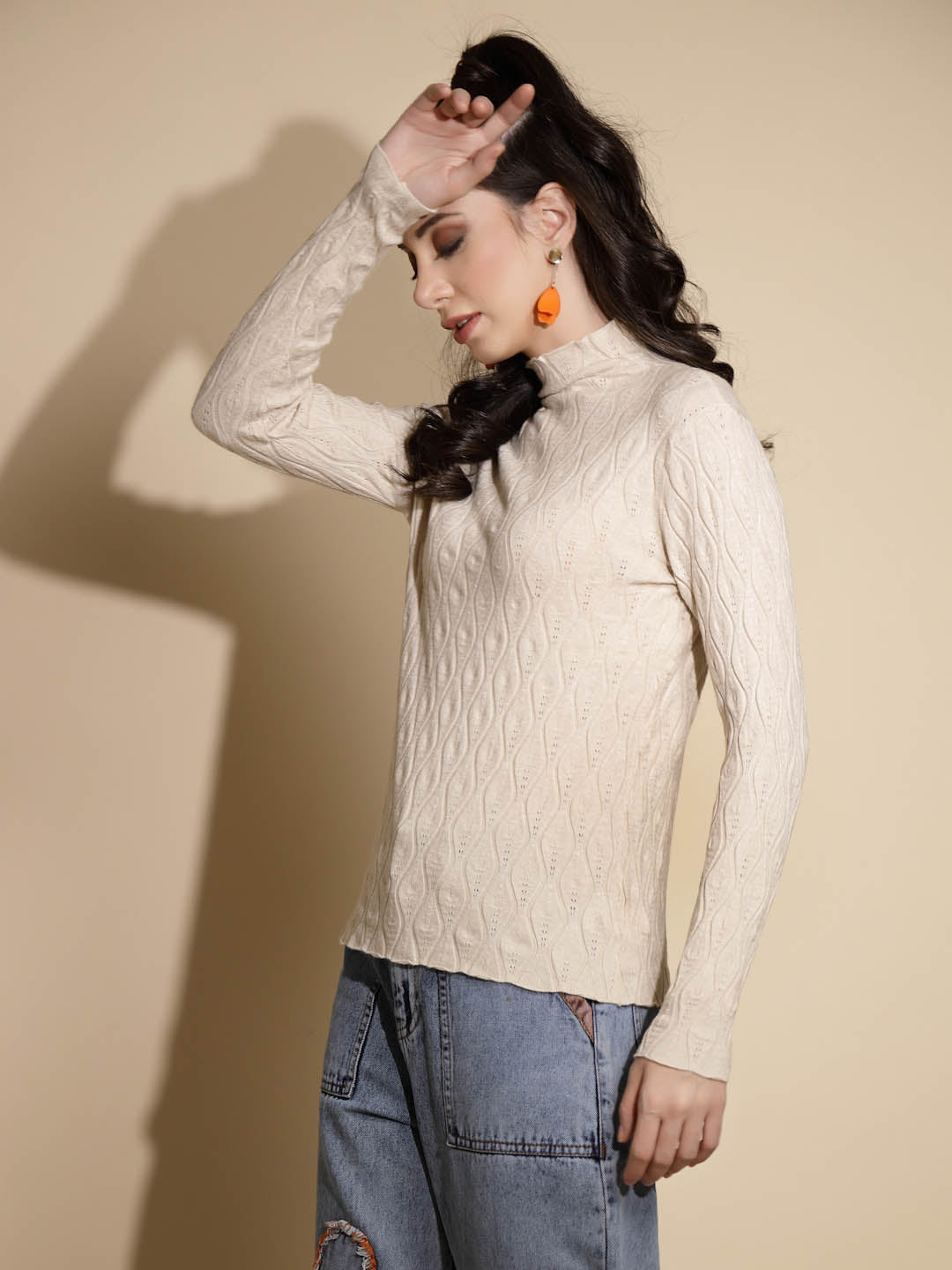 Beige Textured Turtle Neck Pullover - Global Republic