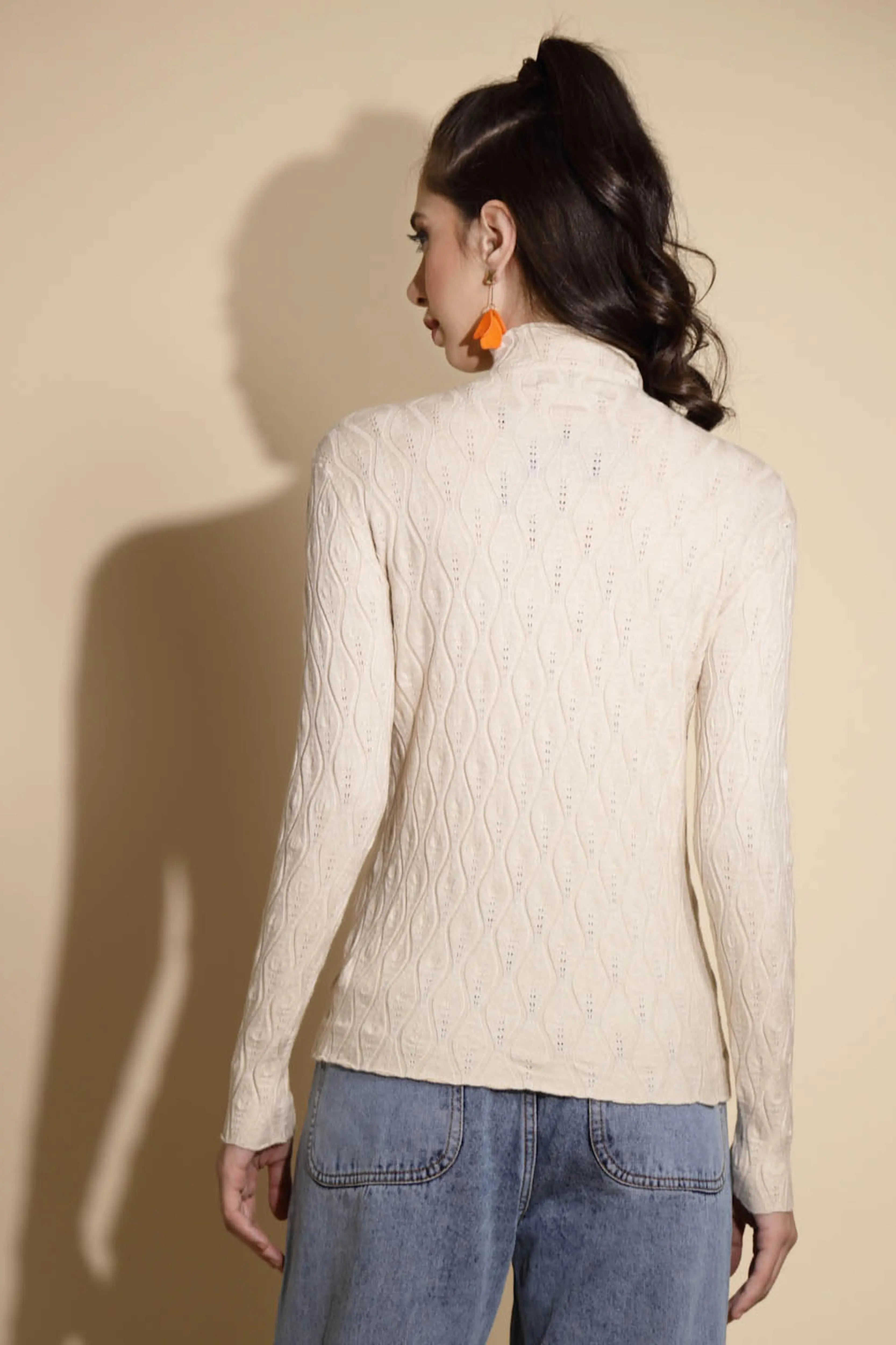 Beige Textured Turtle Neck Pullover - Global Republic