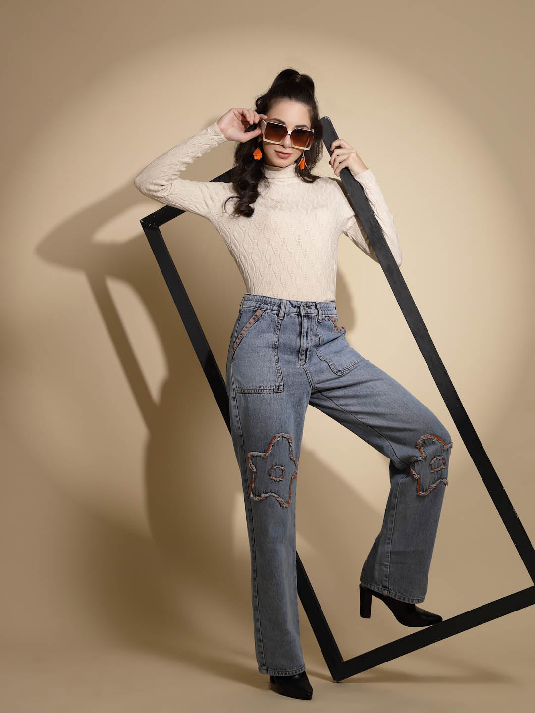 Beige Textured Turtle Neck Pullover