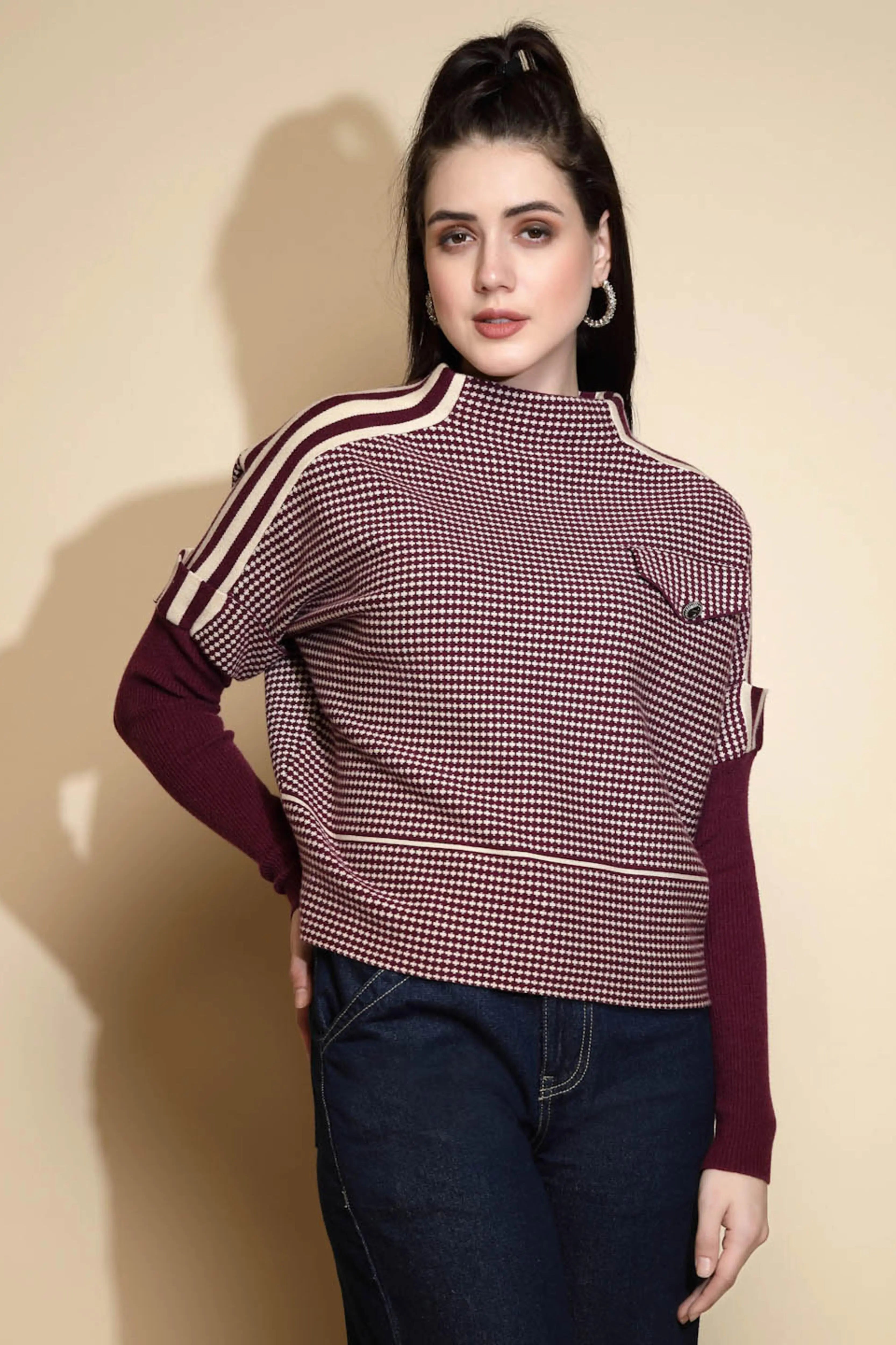 Rose Purple Check Full Sleeve Turtle Neck Pullover Sweater - Global Republic