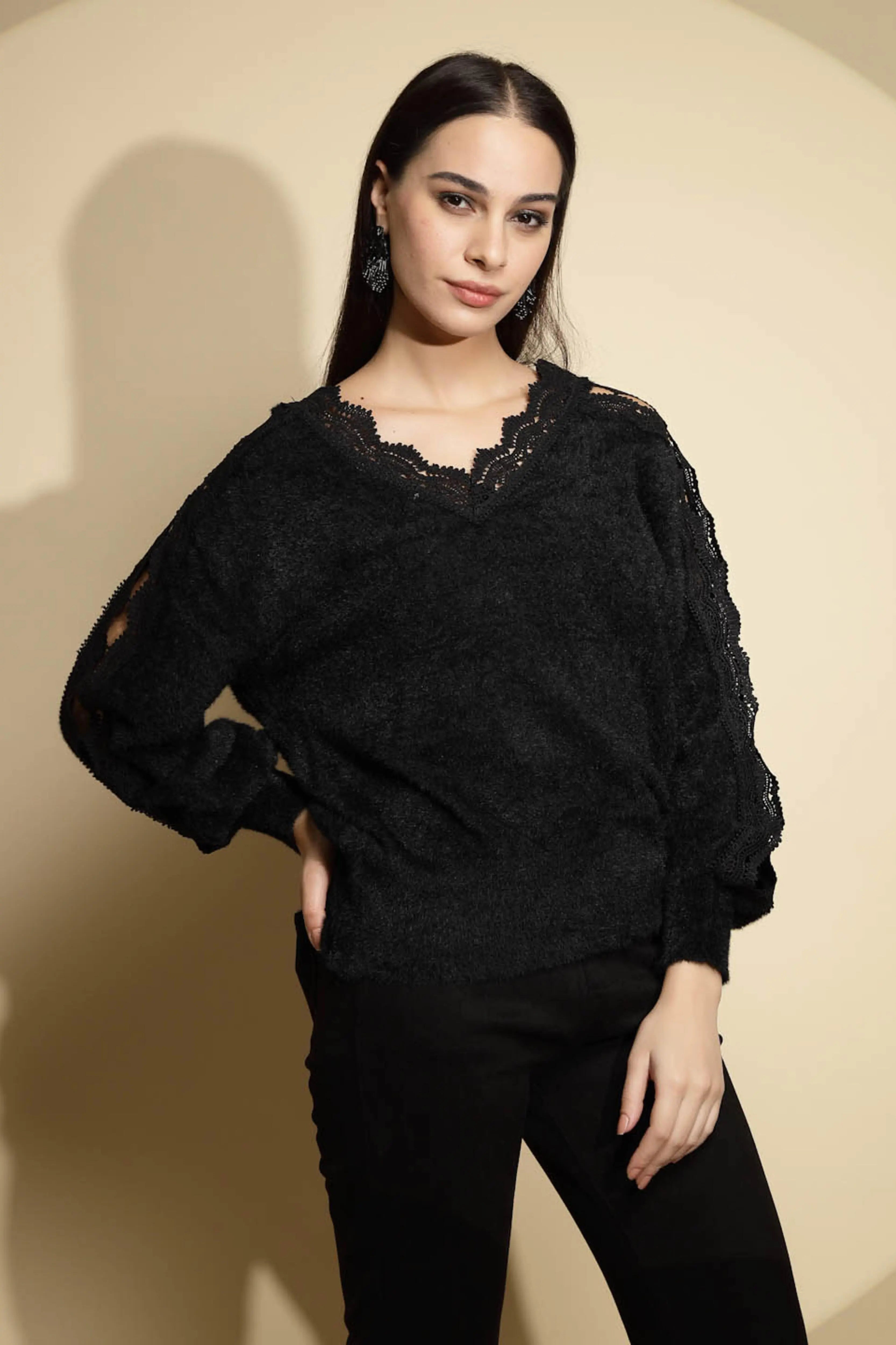 Black Embellished Relaxed Fit Pullover - Global Republic