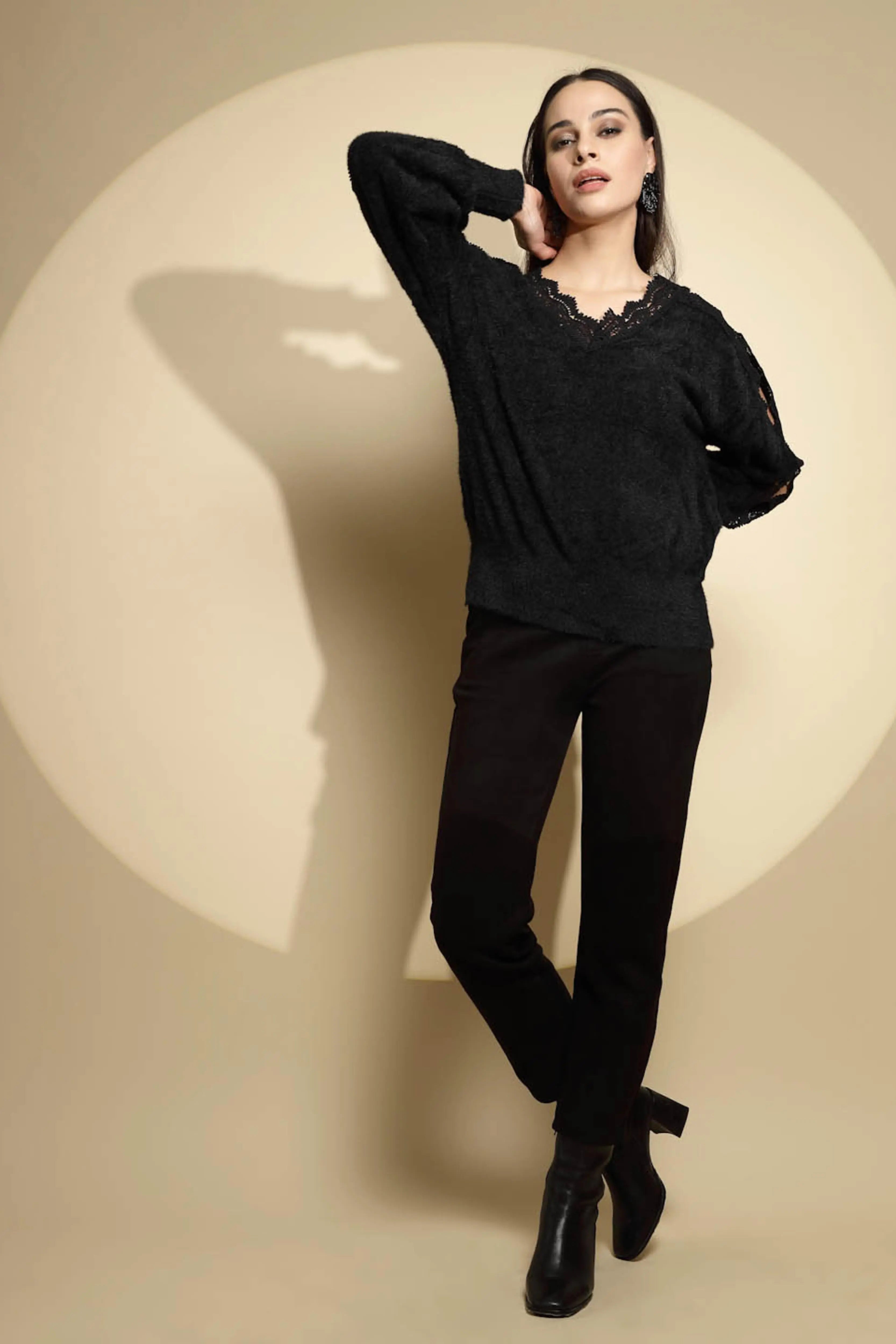Black Embellished Relaxed Fit Pullover - Global Republic